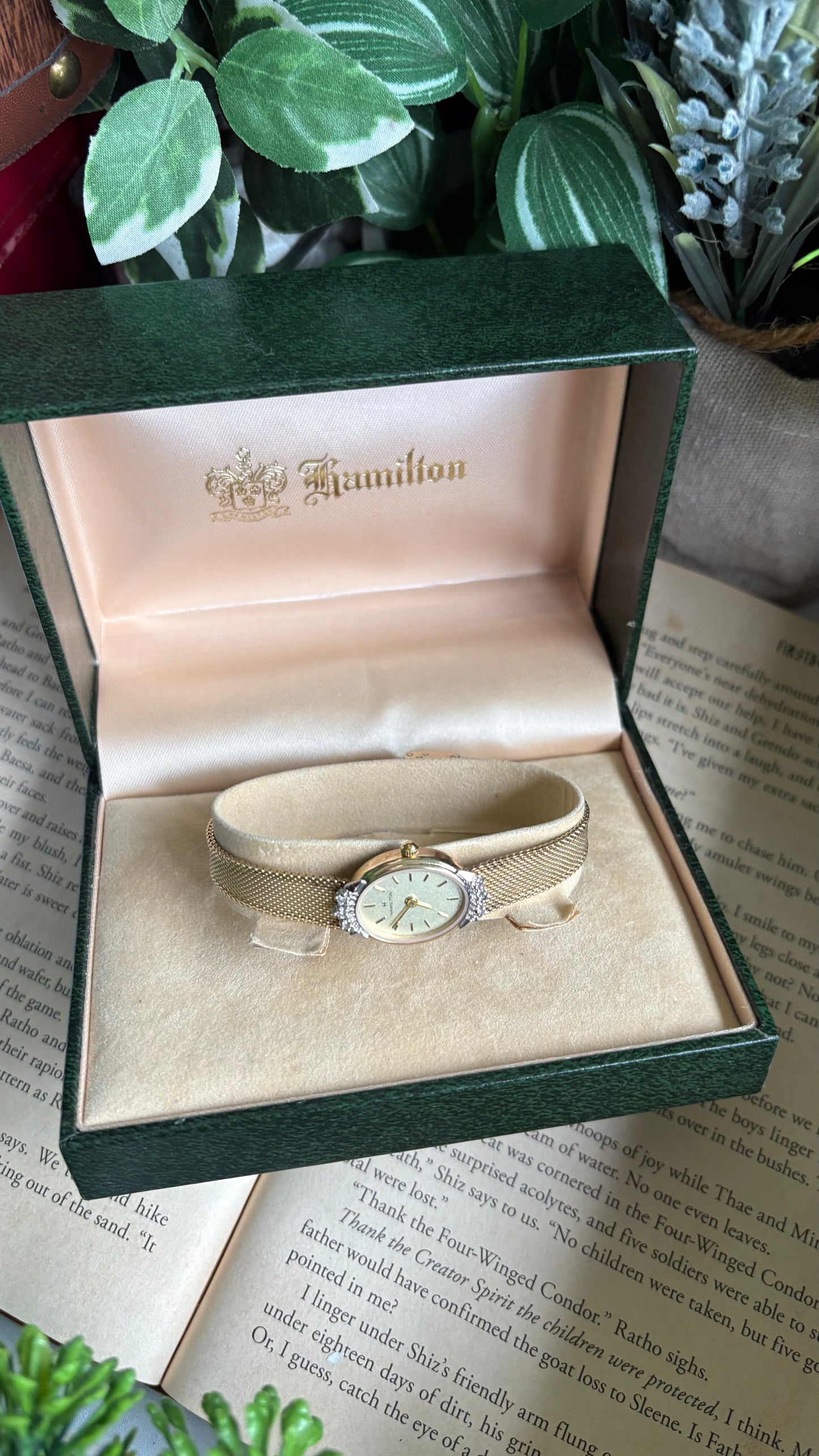 Extremely Rare Vintage Hamilton Swiss Watch in Gold Tone Oval Face with Genuine Diamonds and Original Vintage Hamilton Box