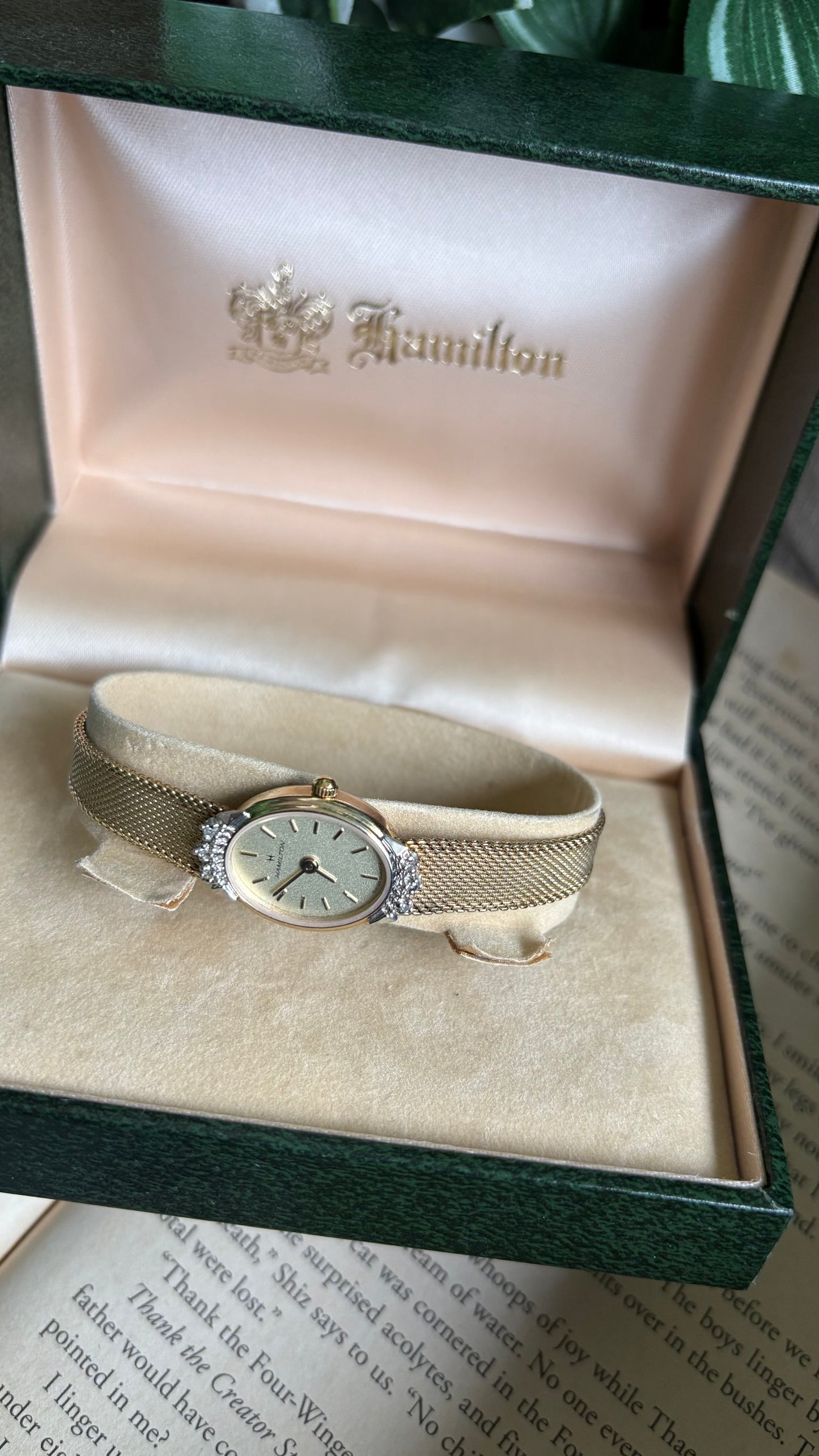 Extremely Rare Vintage Hamilton Swiss Watch in Gold Tone Oval Face with Genuine Diamonds and Original Vintage Hamilton Box