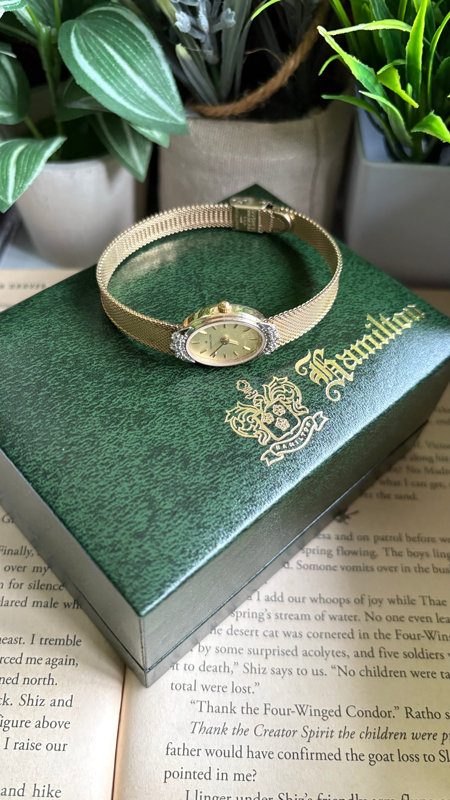 Extremely Rare Vintage Hamilton Swiss Watch in Gold Tone Oval Face with Genuine Diamonds and Original Vintage Hamilton Box