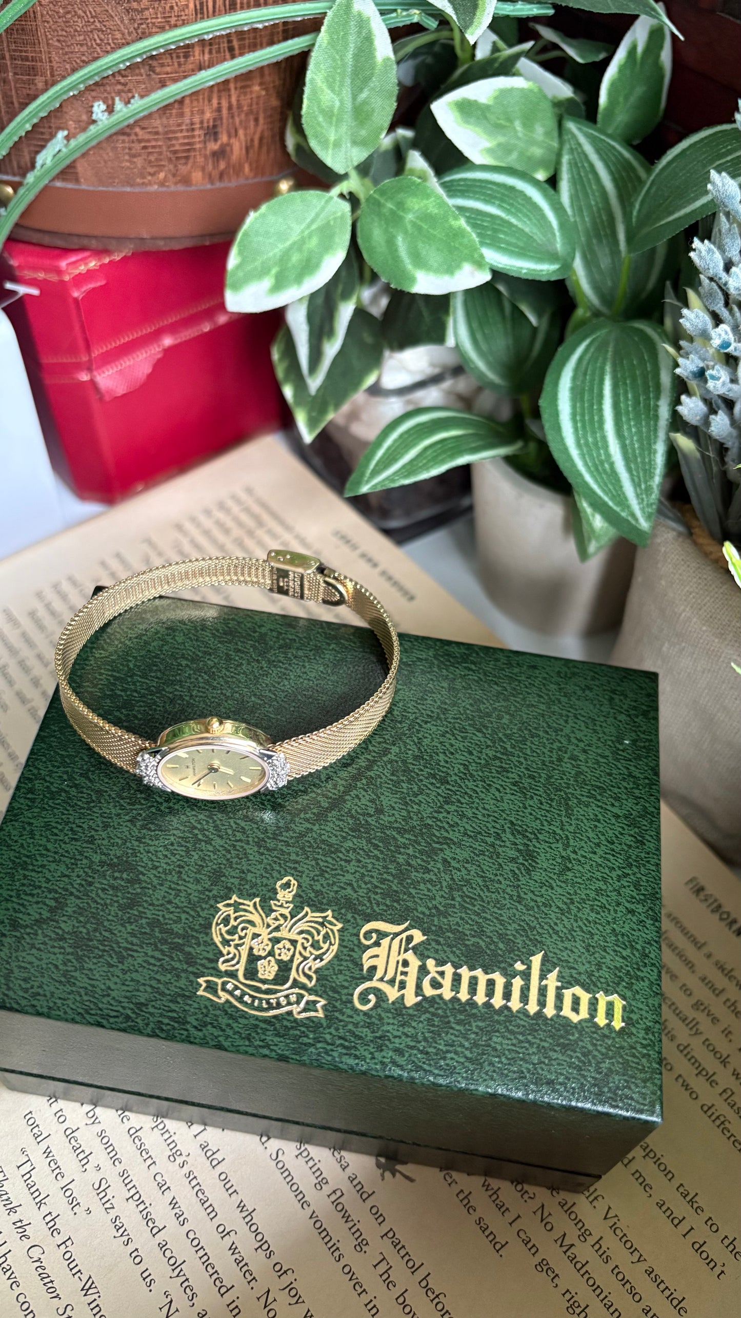 Extremely Rare Vintage Hamilton Swiss Watch in Gold Tone Oval Face with Genuine Diamonds and Original Vintage Hamilton Box