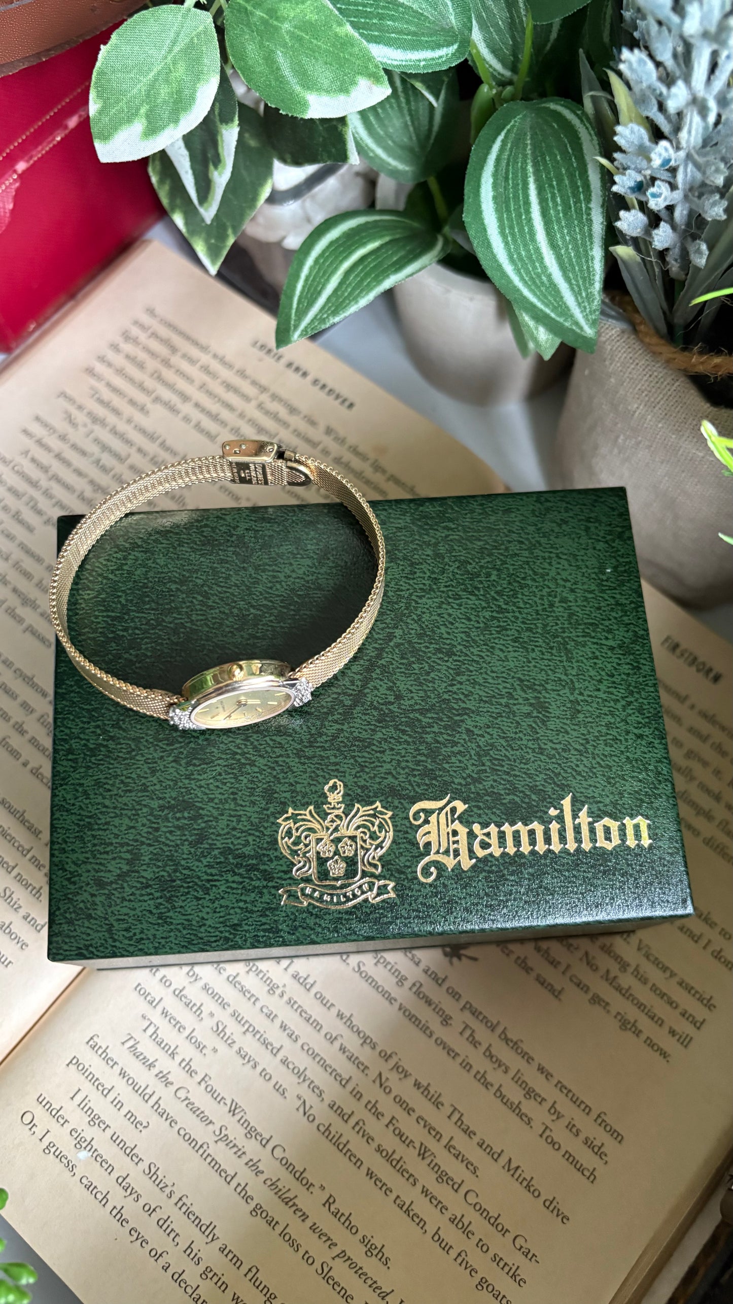 Extremely Rare Vintage Hamilton Swiss Watch in Gold Tone Oval Face with Genuine Diamonds and Original Vintage Hamilton Box
