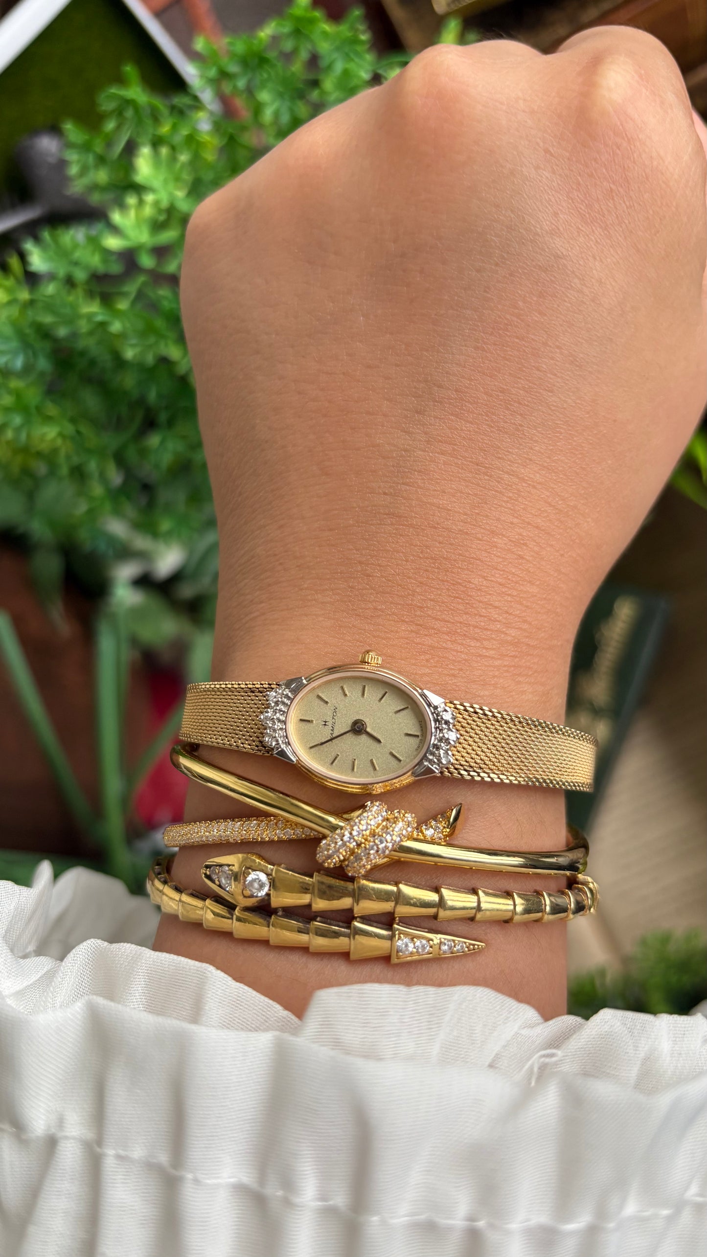 Extremely Rare Vintage Hamilton Swiss Watch in Gold Tone Oval Face with Genuine Diamonds and Original Vintage Hamilton Box