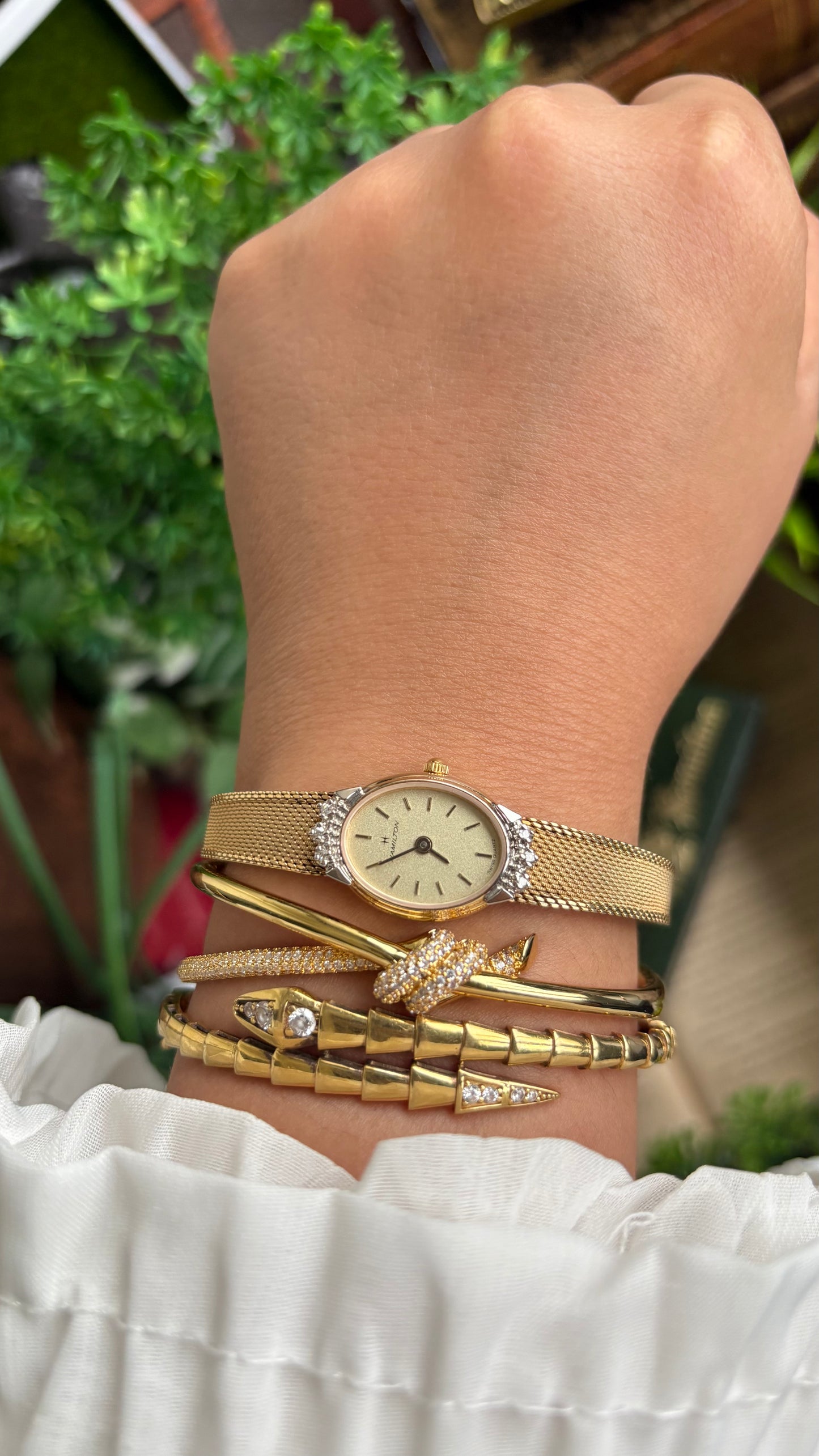 Extremely Rare Vintage Hamilton Swiss Watch in Gold Tone Oval Face with Genuine Diamonds and Original Vintage Hamilton Box