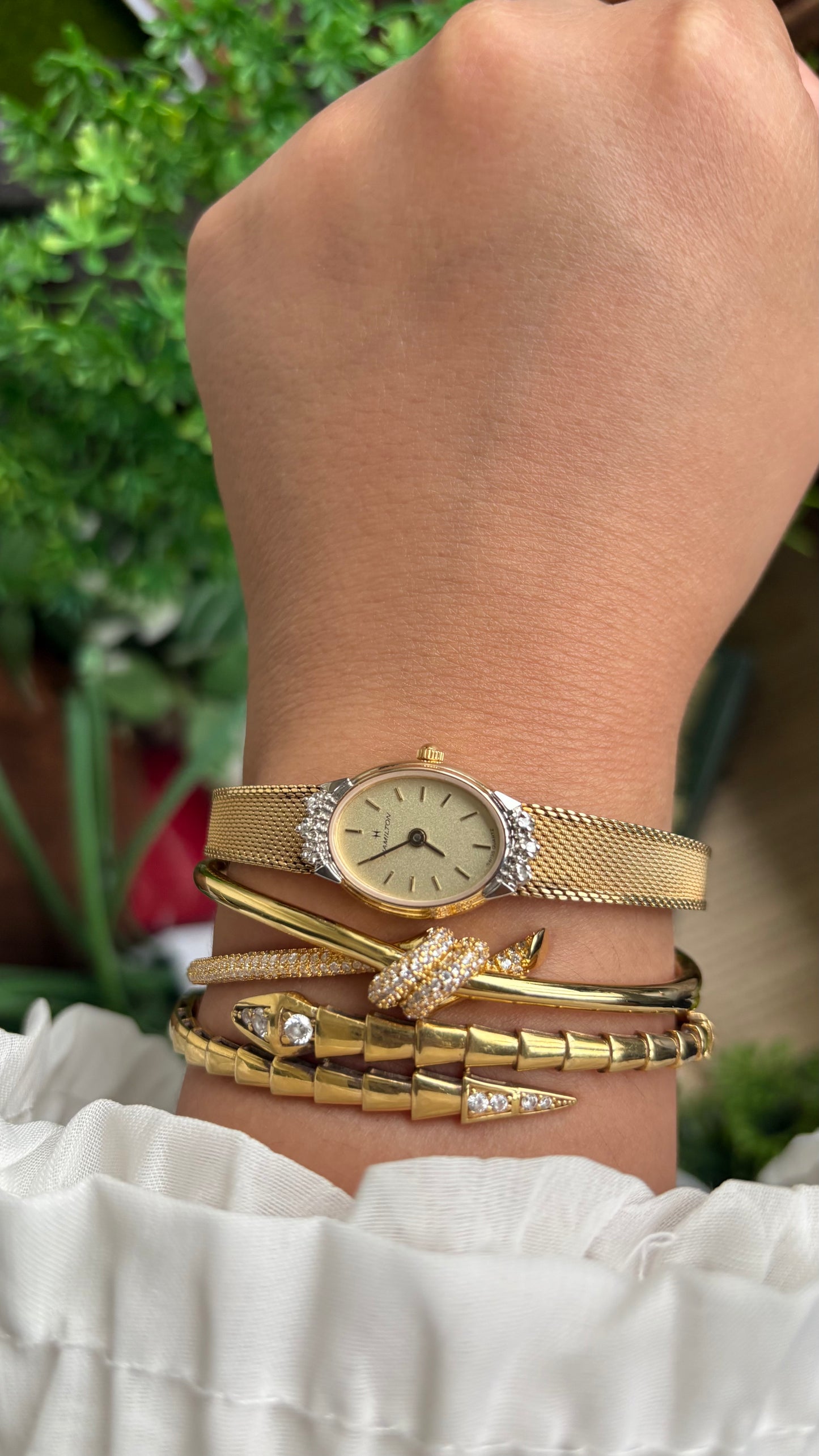 Extremely Rare Vintage Hamilton Swiss Watch in Gold Tone Oval Face with Genuine Diamonds and Original Vintage Hamilton Box