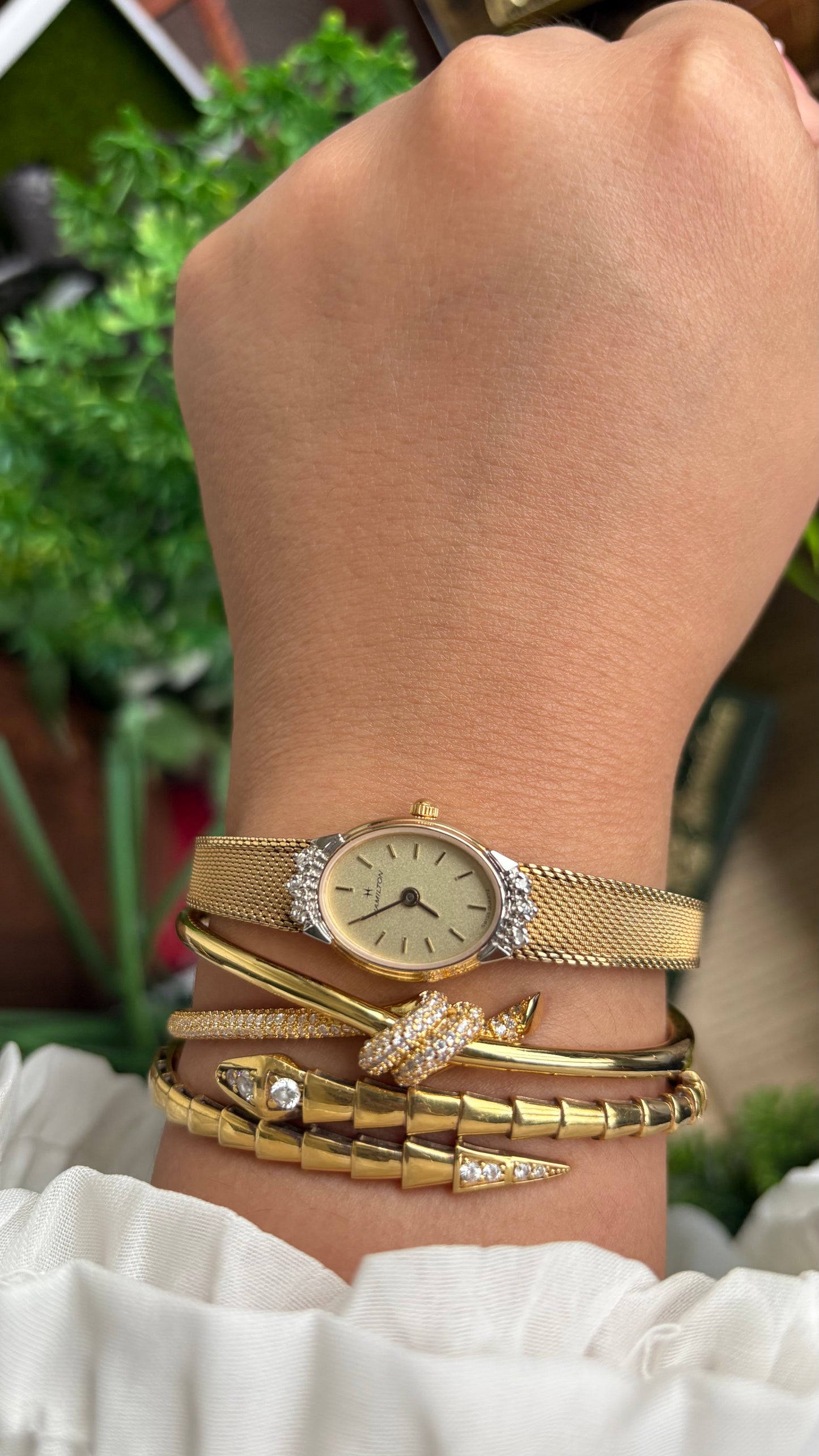 Extremely Rare Vintage Hamilton Swiss Watch in Gold Tone Oval Face with Genuine Diamonds and Original Vintage Hamilton Box
