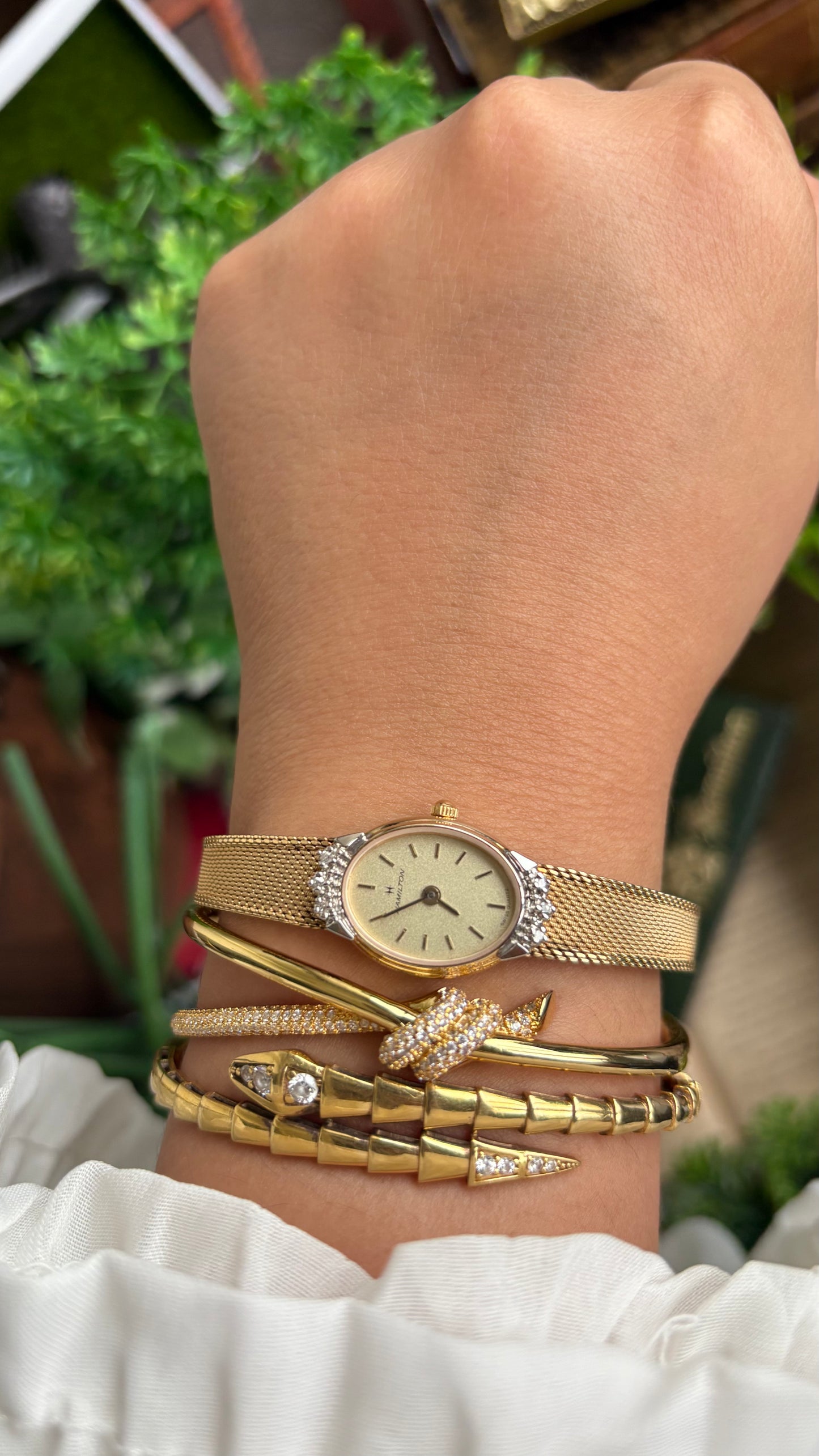 Extremely Rare Vintage Hamilton Swiss Watch in Gold Tone Oval Face with Genuine Diamonds and Original Vintage Hamilton Box