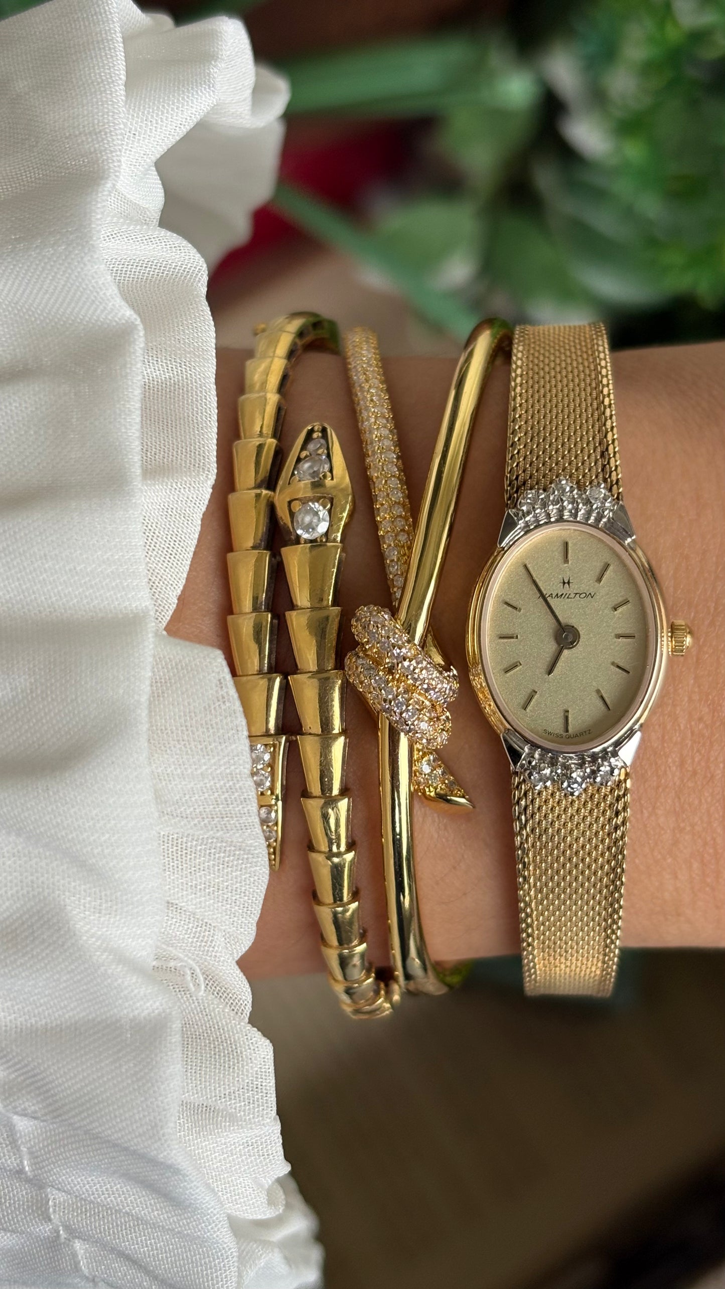 Extremely Rare Vintage Hamilton Swiss Watch in Gold Tone Oval Face with Genuine Diamonds and Original Vintage Hamilton Box
