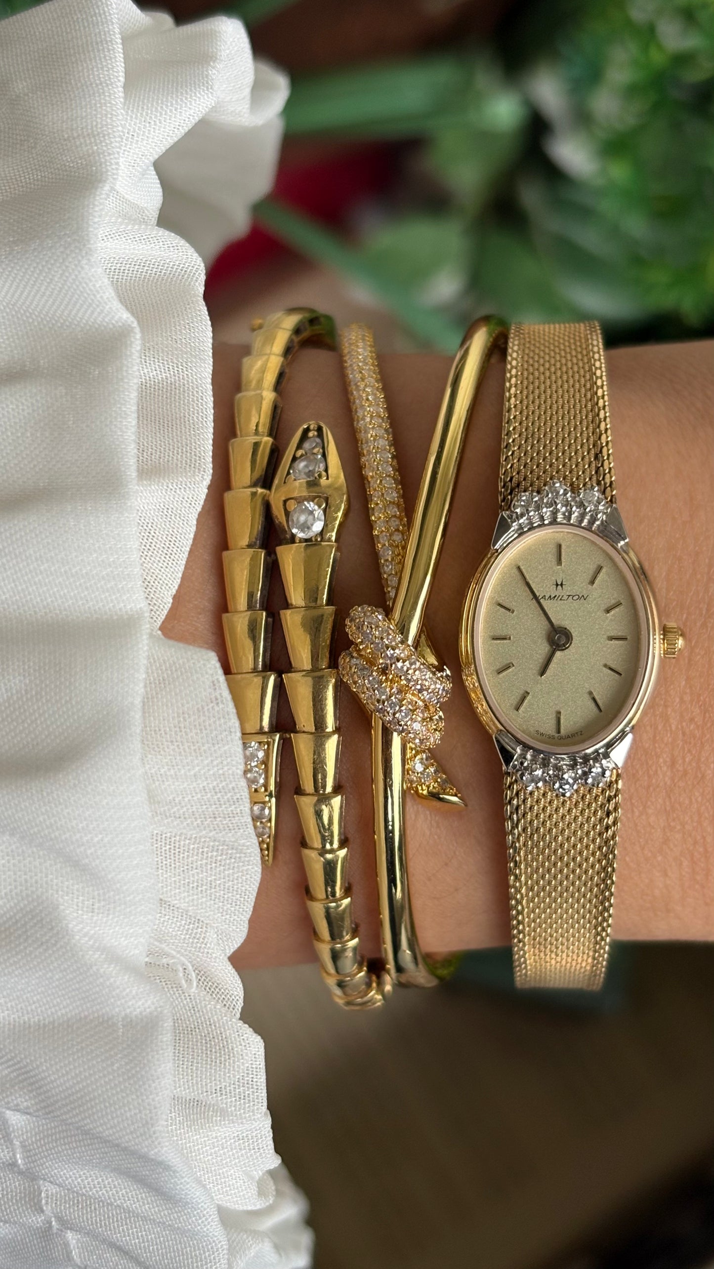 Extremely Rare Vintage Hamilton Swiss Watch in Gold Tone Oval Face with Genuine Diamonds and Original Vintage Hamilton Box