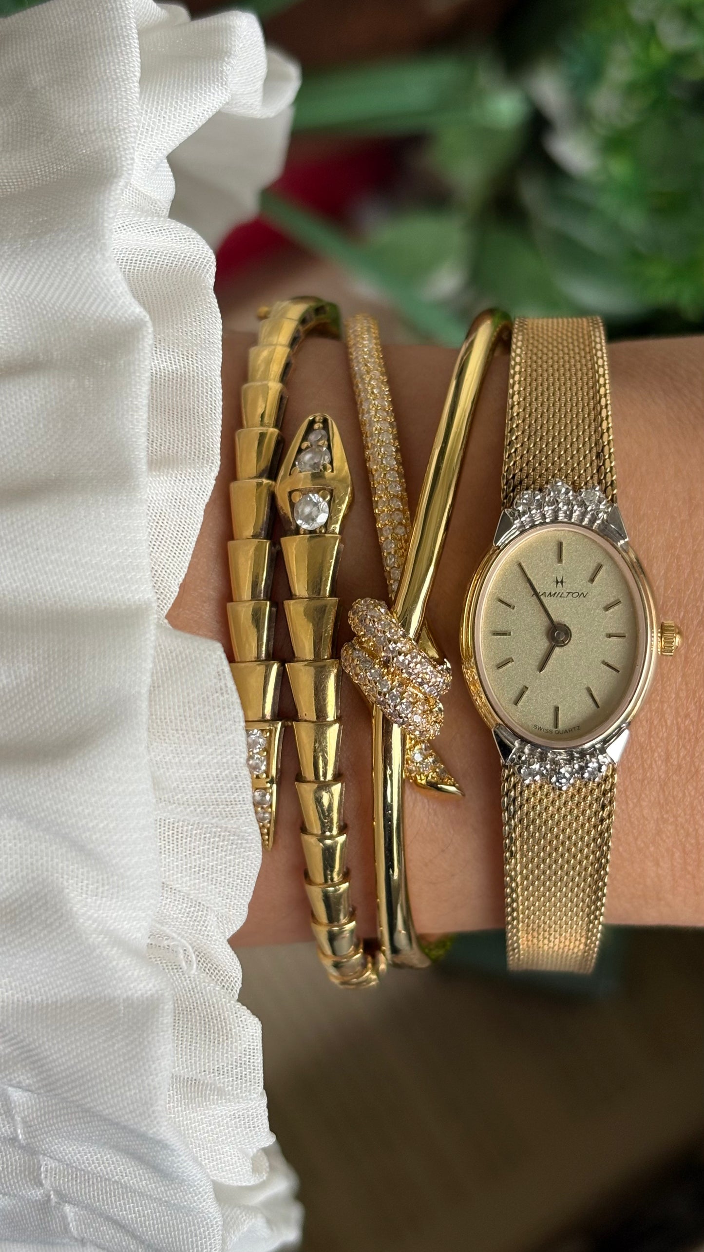 Extremely Rare Vintage Hamilton Swiss Watch in Gold Tone Oval Face with Genuine Diamonds and Original Vintage Hamilton Box