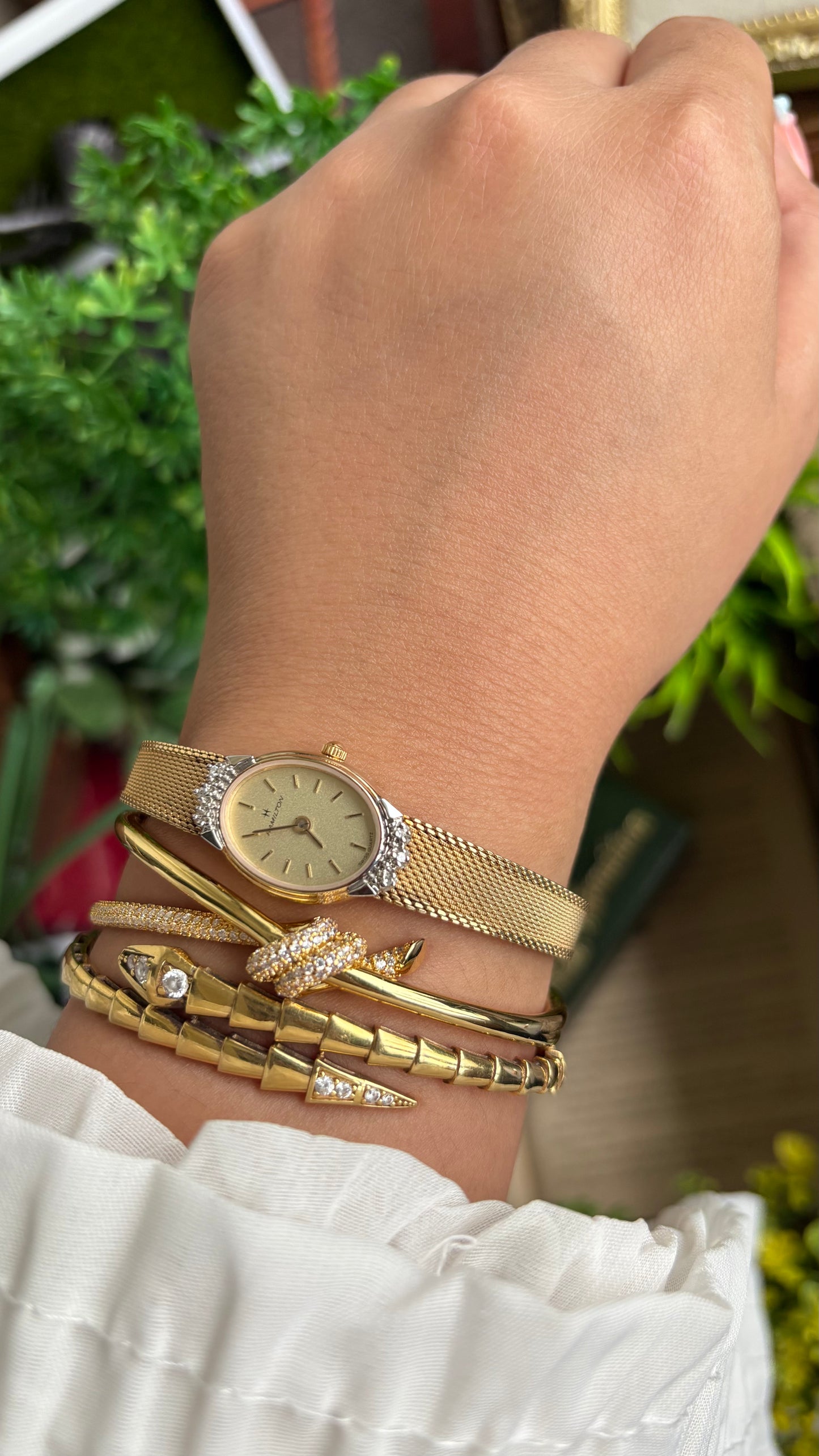 Extremely Rare Vintage Hamilton Swiss Watch in Gold Tone Oval Face with Genuine Diamonds and Original Vintage Hamilton Box