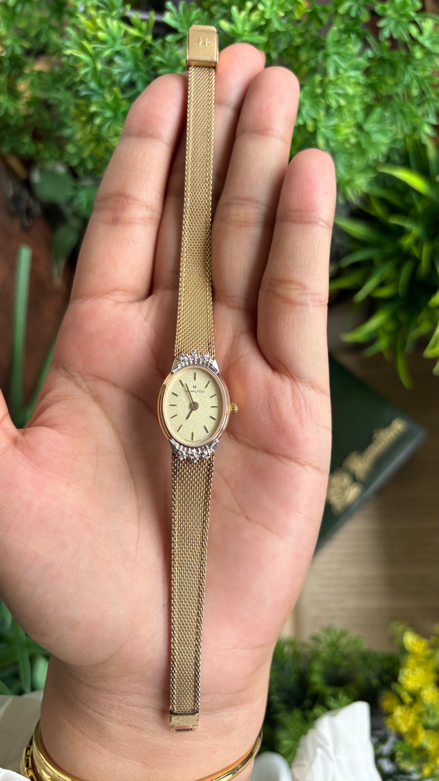 Extremely Rare Vintage Hamilton Swiss Watch in Gold Tone Oval Face with Genuine Diamonds and Original Vintage Hamilton Box