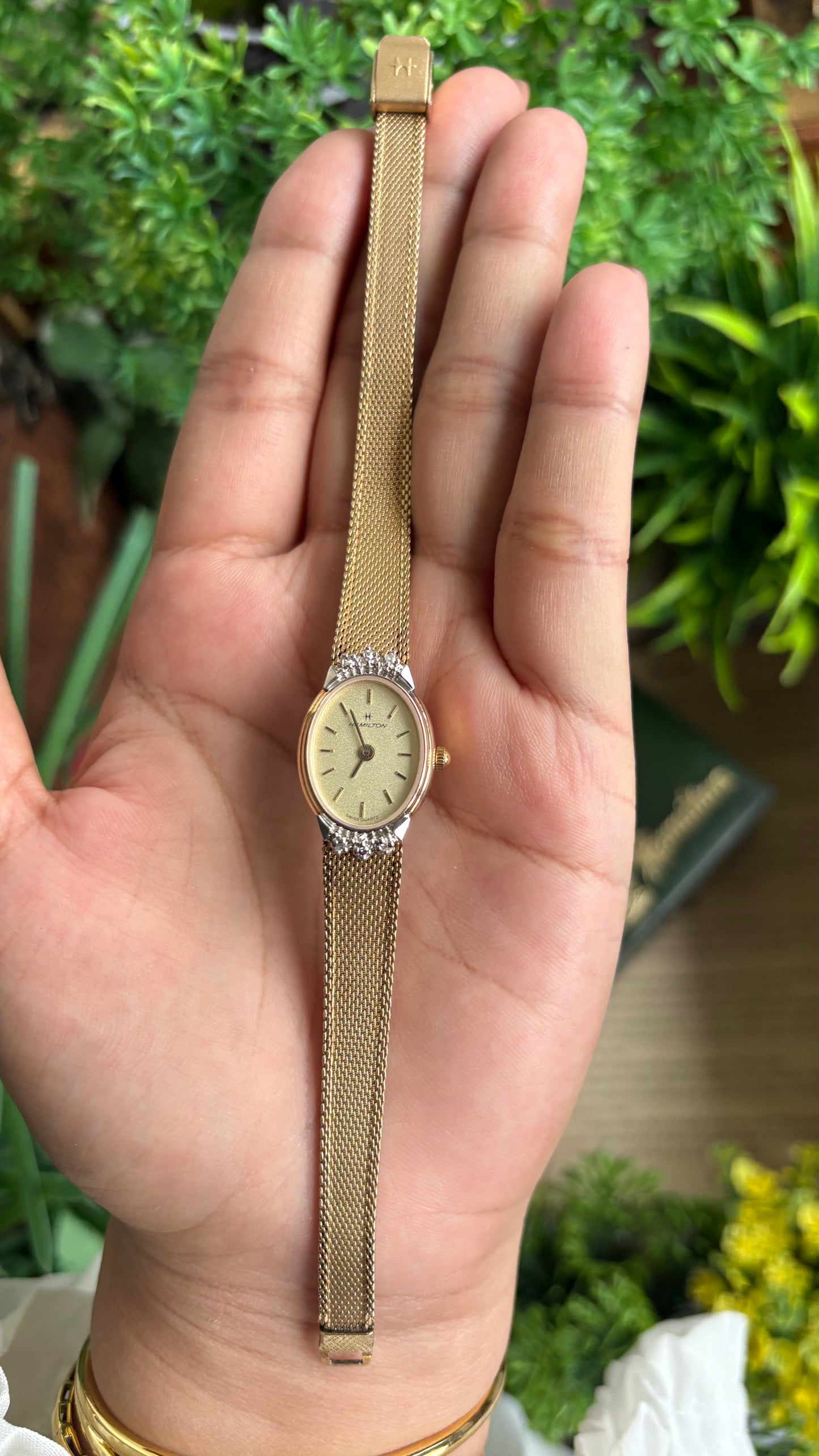 Extremely Rare Vintage Hamilton Swiss Watch in Gold Tone Oval Face with Genuine Diamonds and Original Vintage Hamilton Box