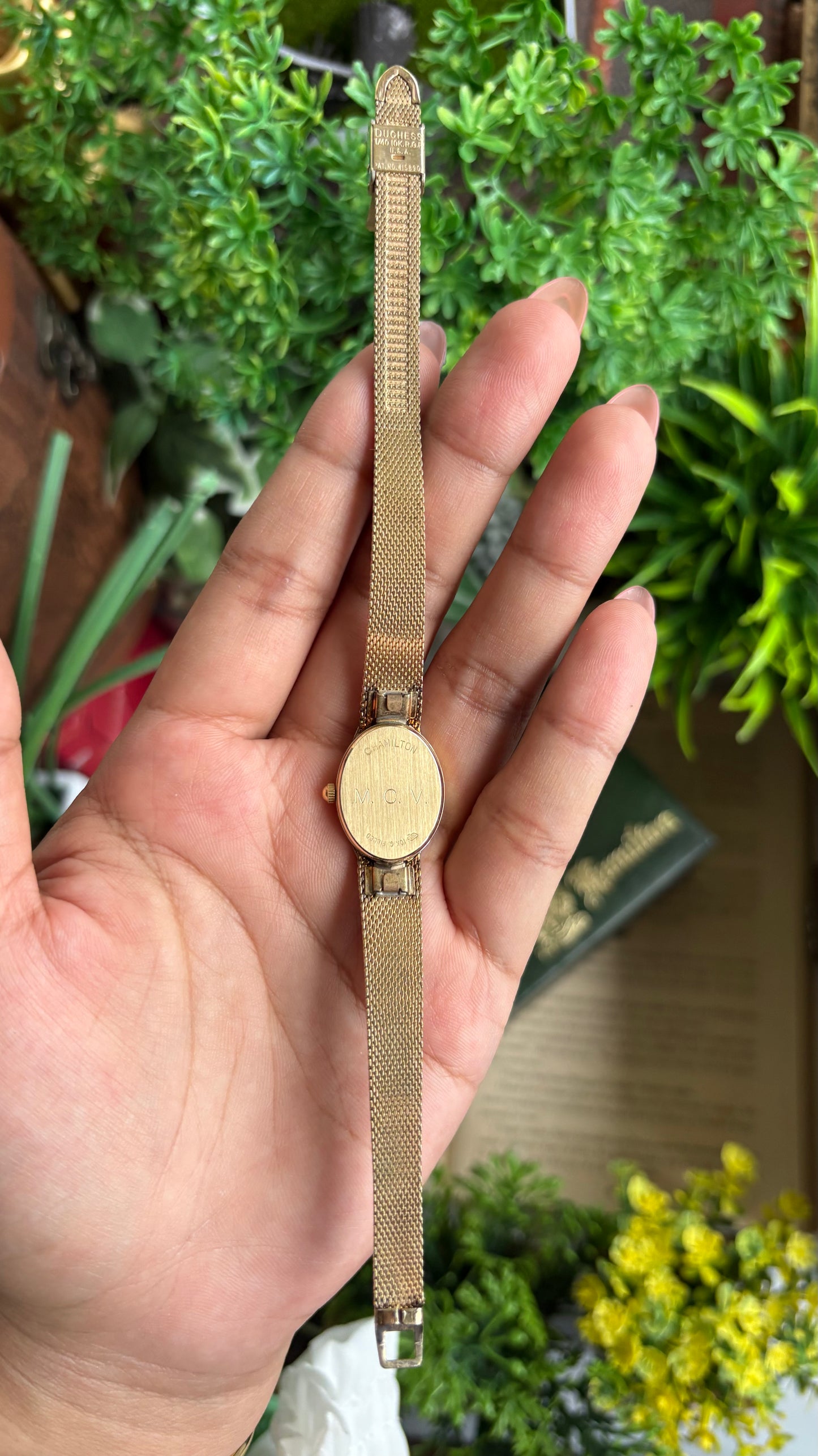 Extremely Rare Vintage Hamilton Swiss Watch in Gold Tone Oval Face with Genuine Diamonds and Original Vintage Hamilton Box