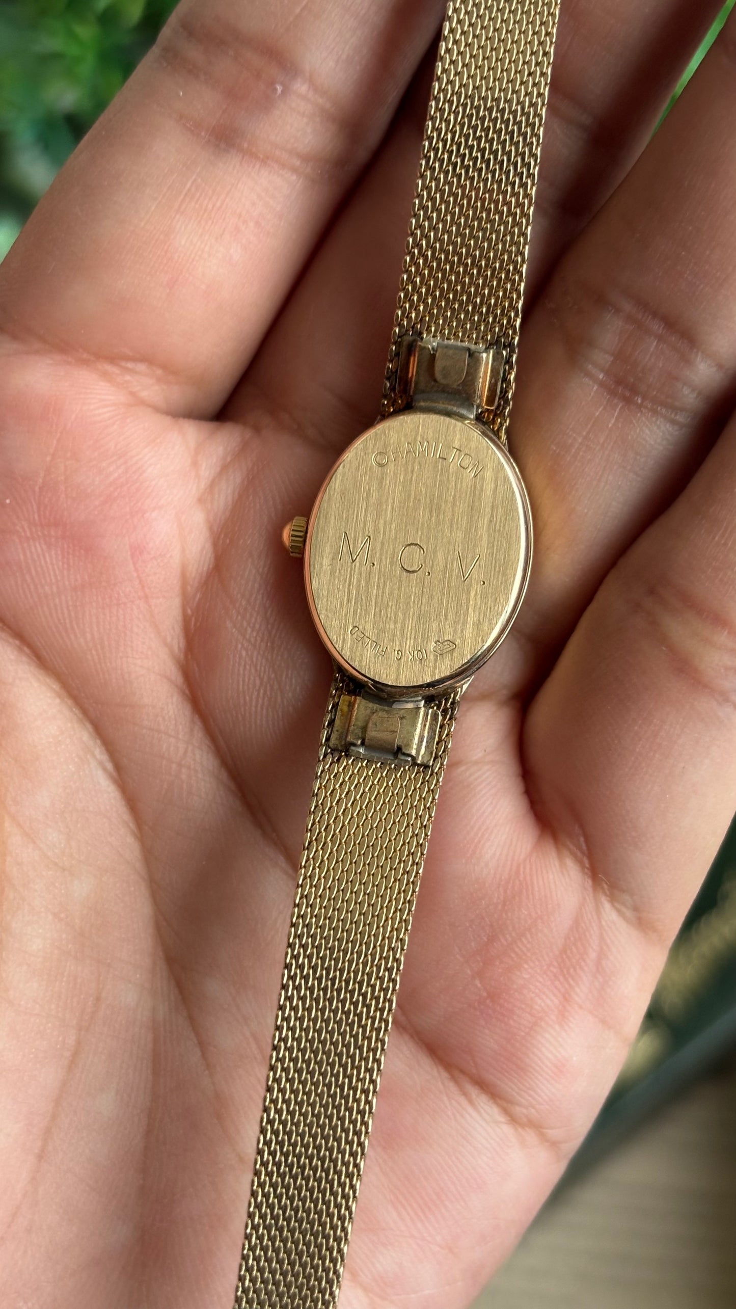 Extremely Rare Vintage Hamilton Swiss Watch in Gold Tone Oval Face with Genuine Diamonds and Original Vintage Hamilton Box