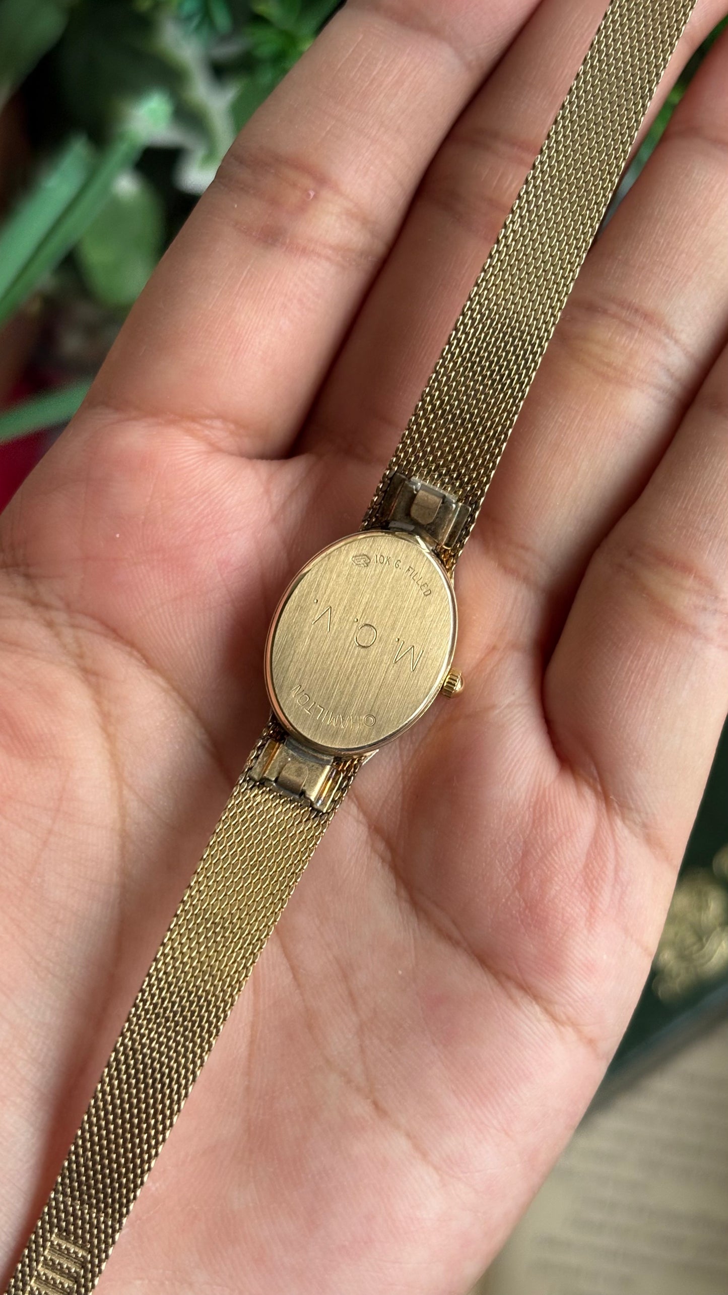 Extremely Rare Vintage Hamilton Swiss Watch in Gold Tone Oval Face with Genuine Diamonds and Original Vintage Hamilton Box
