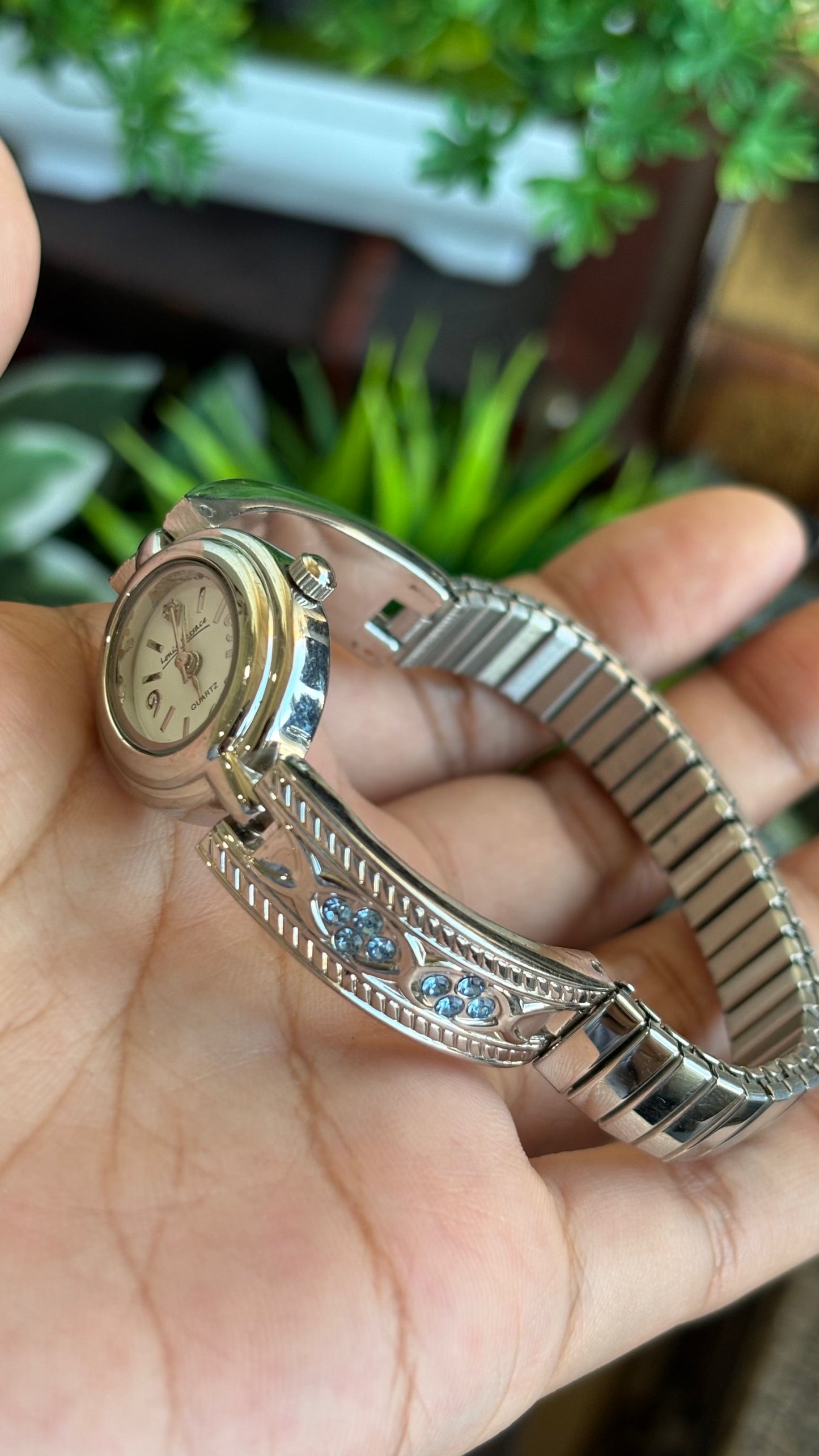 Vintage Loise Vessace Watch in Silver Tone with Aquamarine Stones
