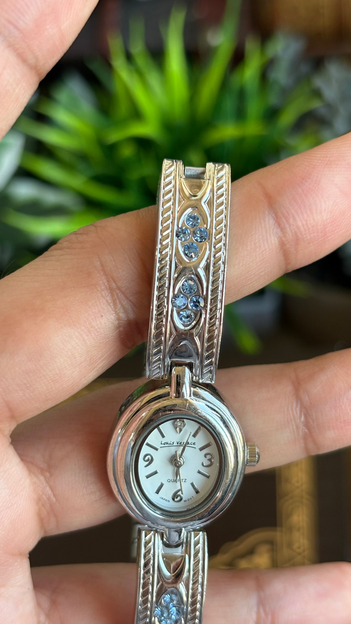 Vintage Loise Vessace Watch in Silver Tone with Aquamarine Stones