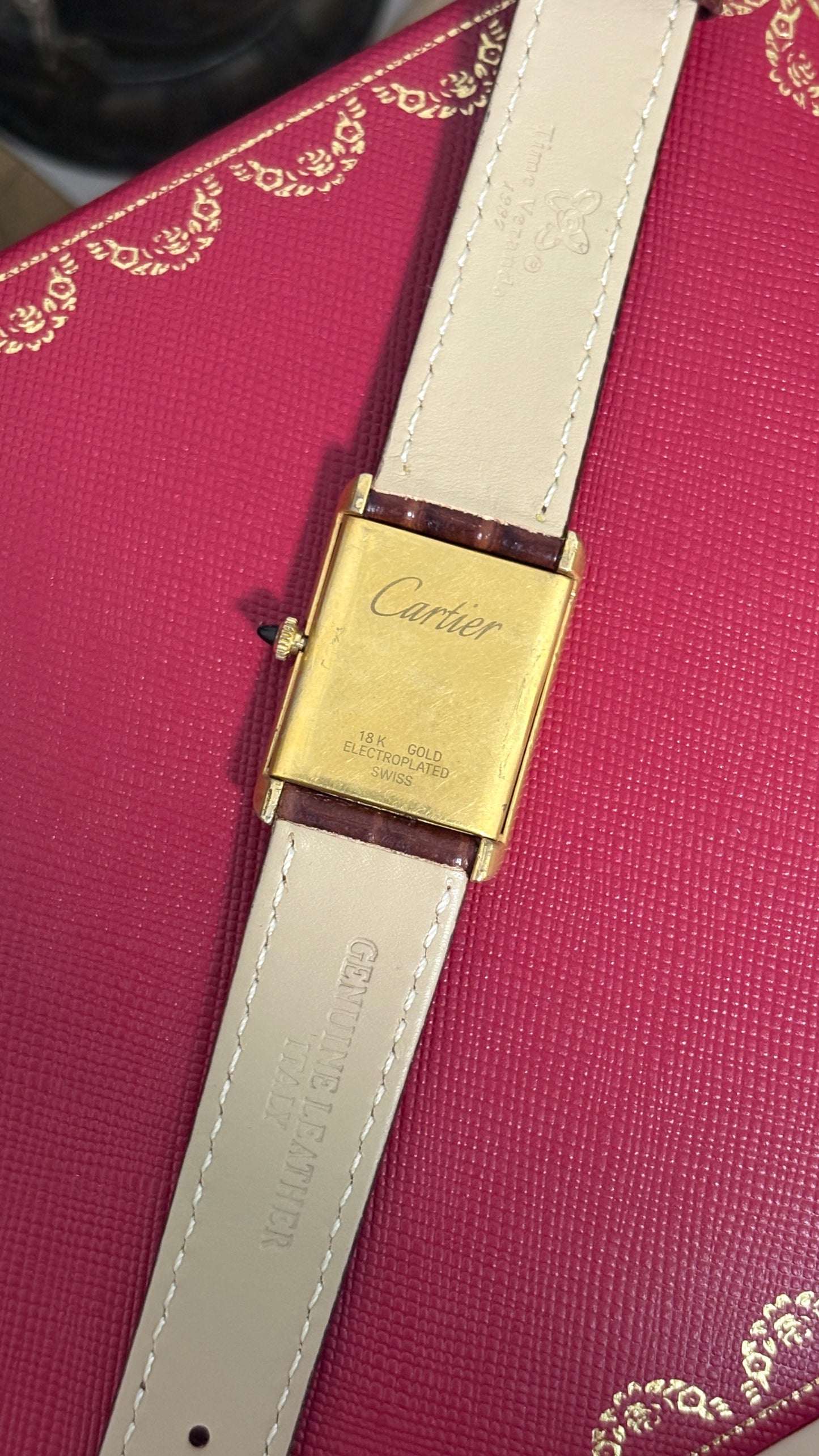 Rare Vintage 1977 Must de Cartier Tank Vermeil Cabochon Crown Watch in Gold Tone Dark Brown Leather Strap Quartz