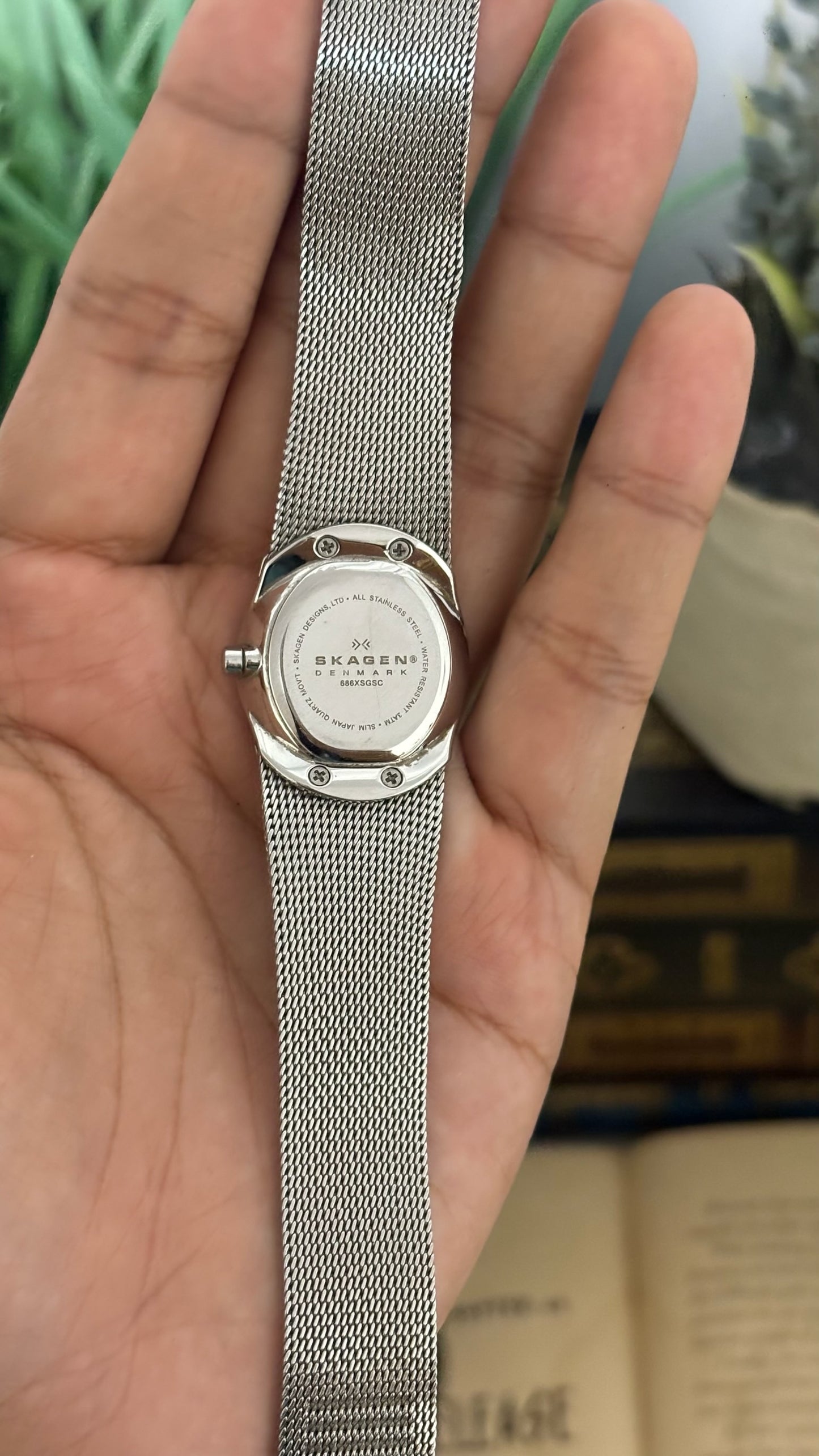 Vintage Skagen Denmark Crystal Accent Watch in Silver Tone Mesh Strap Mother of Pearl Dial Quartz