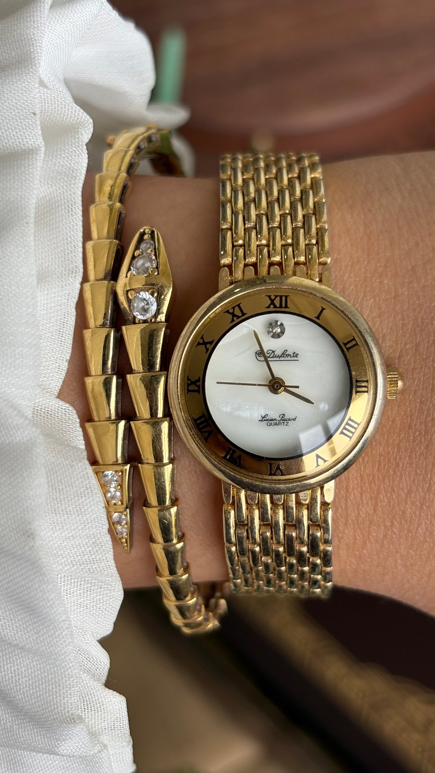 Vintage Dufonte Lucien Piccard Watch in Gold Tone Self-Adjust Pearl & Diamond Dial