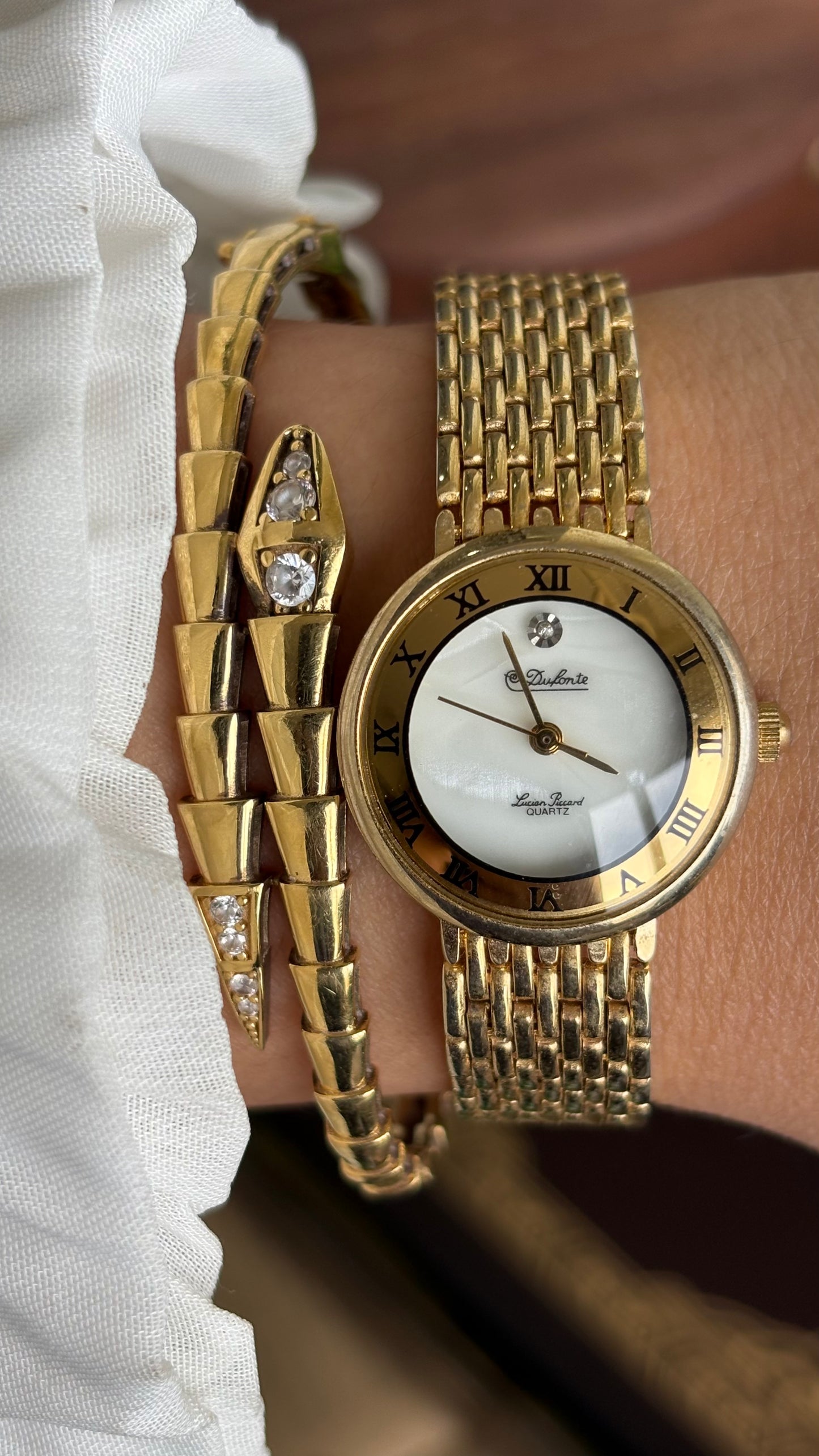 Vintage Dufonte Lucien Piccard Watch in Gold Tone Self-Adjust Pearl & Diamond Dial