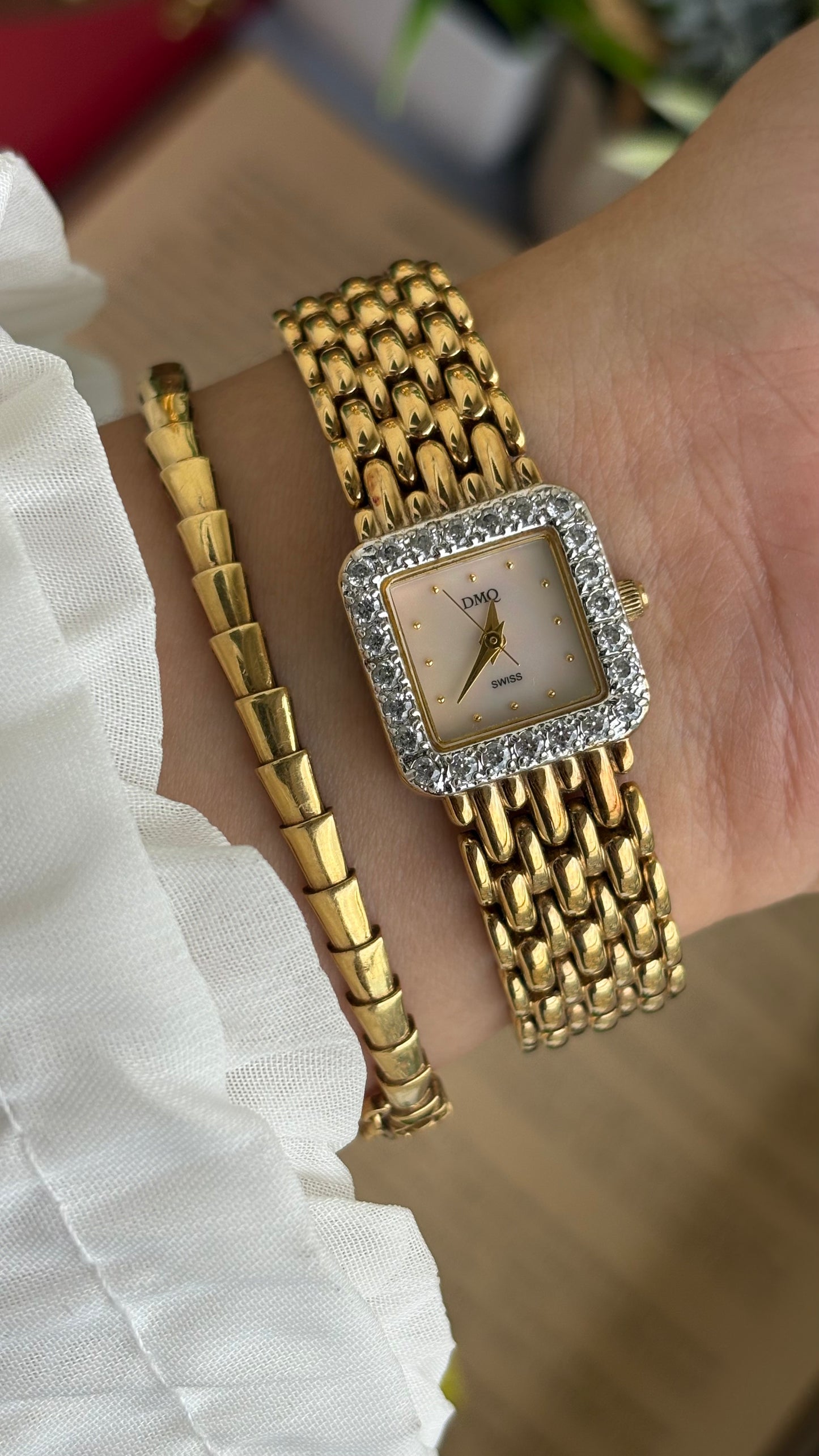 Extremely Rare Vintage DMQ Swiss Diamond Bejeweled Watch in Gold Tone Pearl Dial