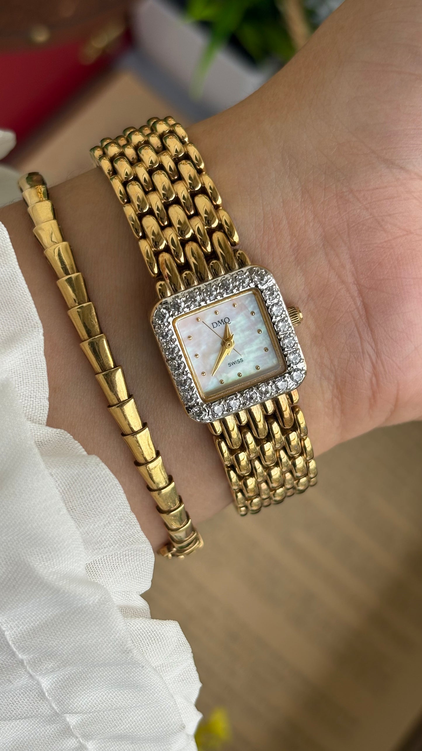 Extremely Rare Vintage DMQ Swiss Diamond Bejeweled Watch in Gold Tone Pearl Dial