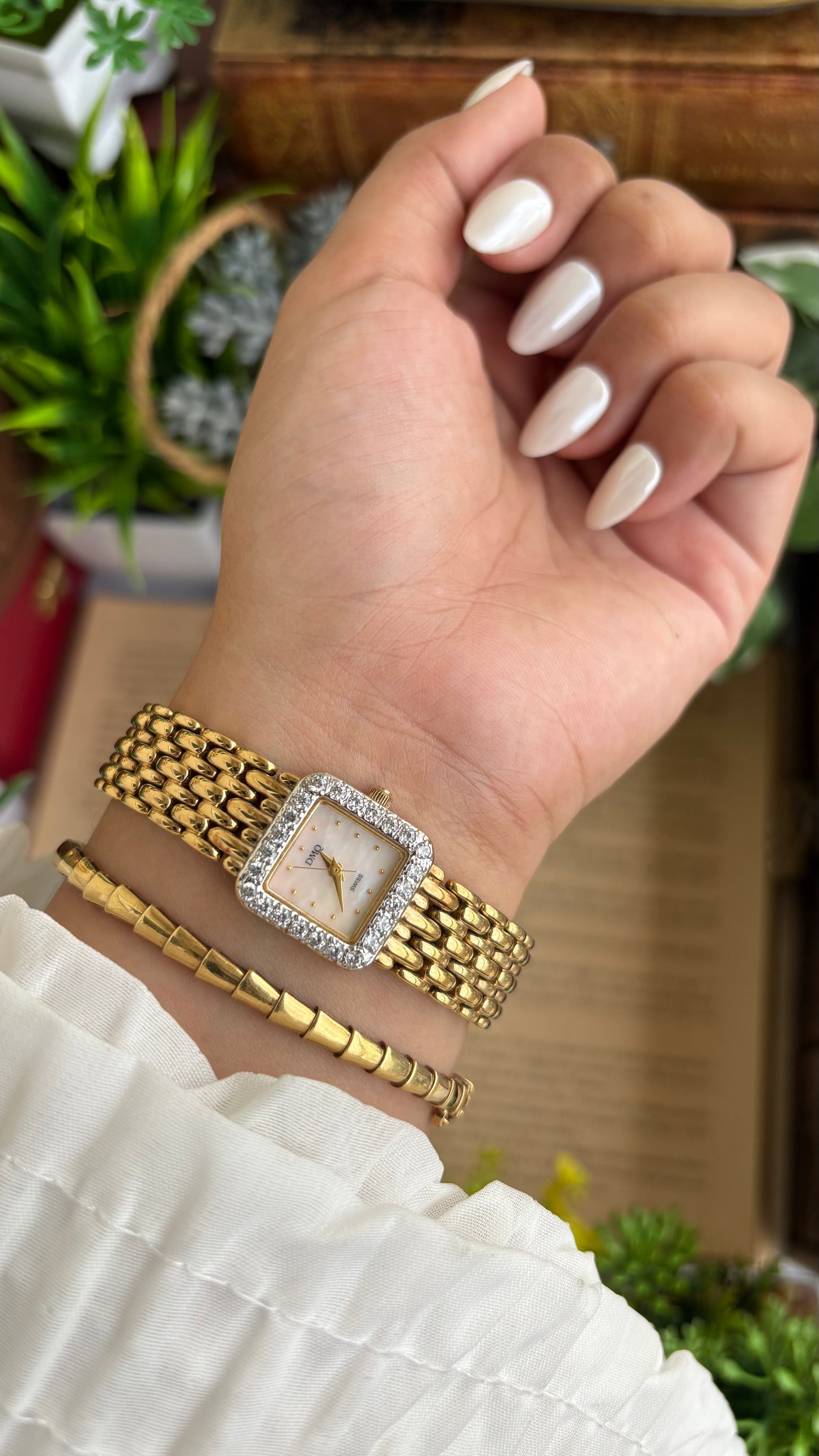 Extremely Rare Vintage DMQ Swiss Diamond Bejeweled Watch in Gold Tone Pearl Dial