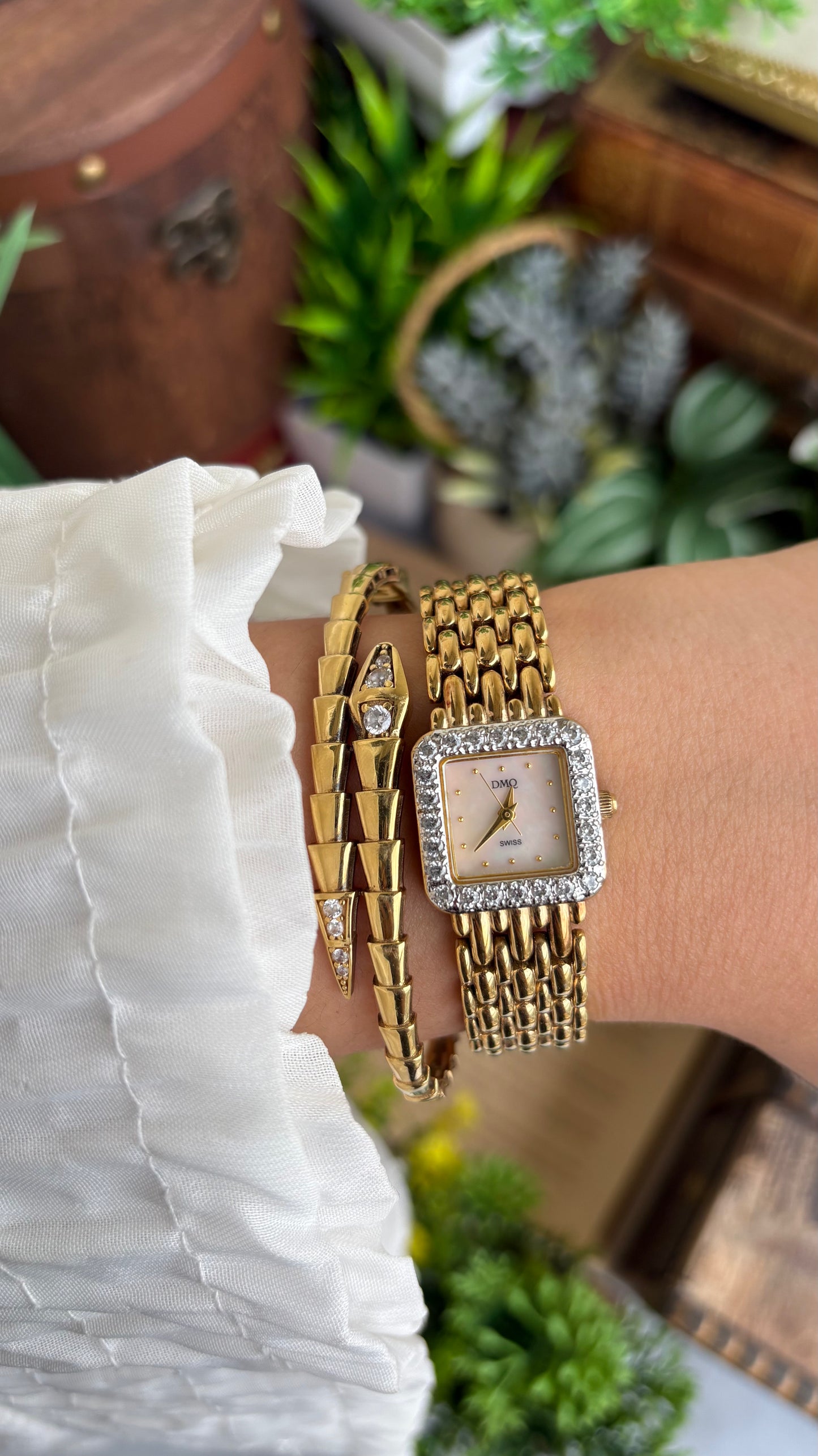 Extremely Rare Vintage DMQ Swiss Diamond Bejeweled Watch in Gold Tone Pearl Dial