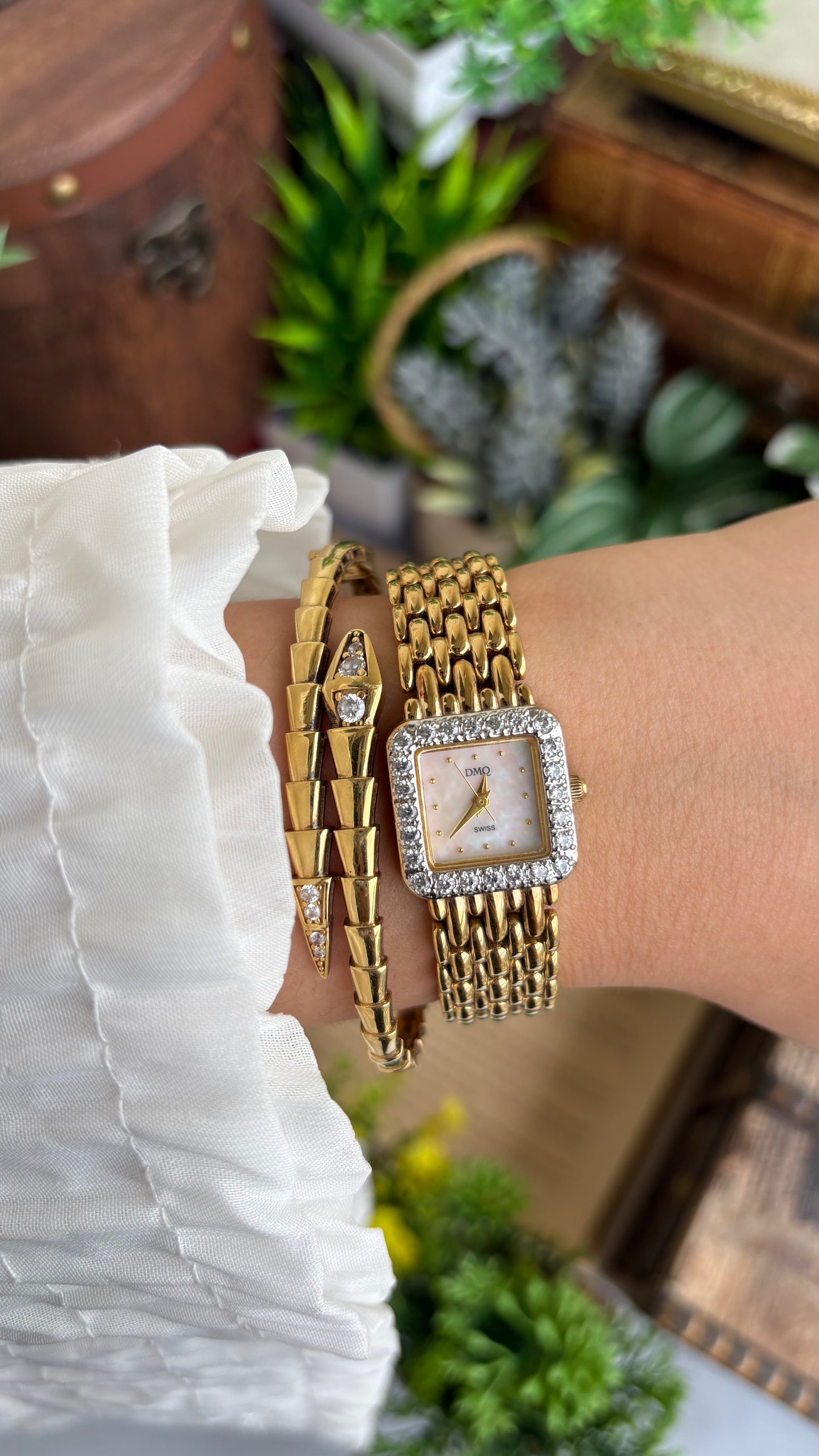 Extremely Rare Vintage DMQ Swiss Diamond Bejeweled Watch in Gold Tone Pearl Dial