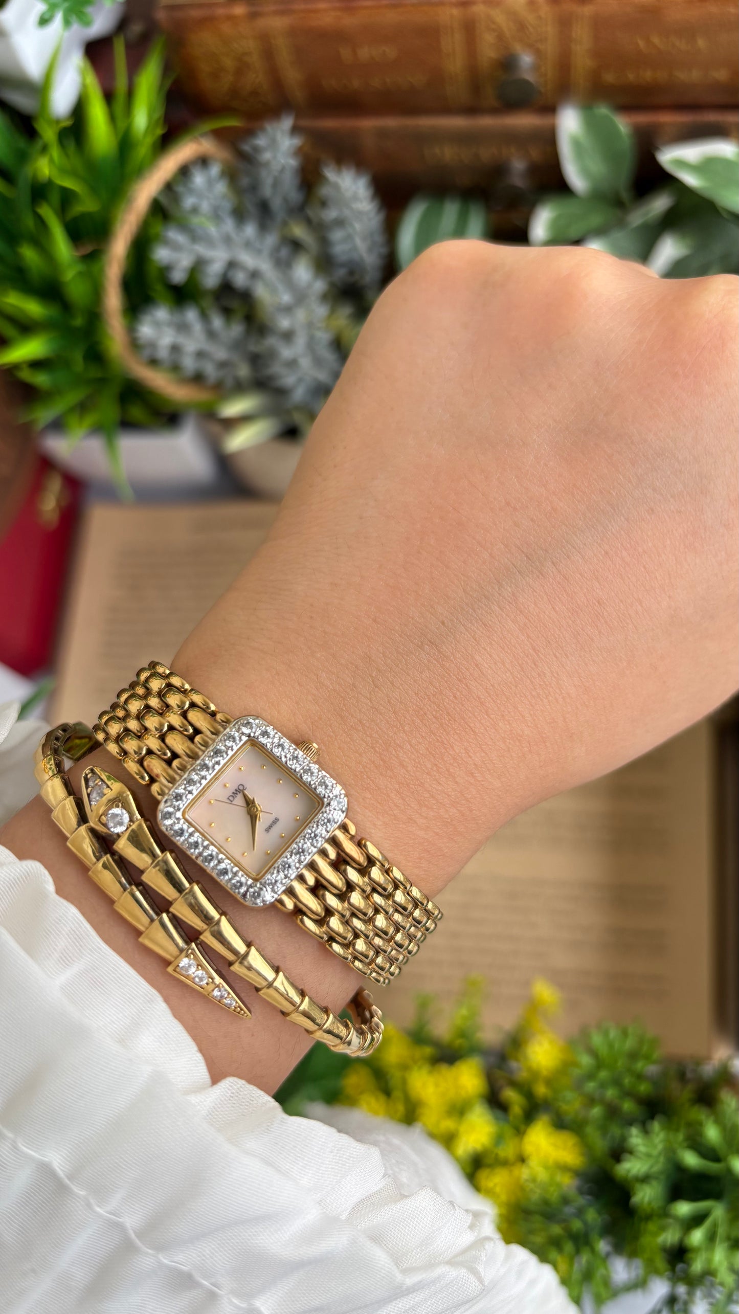 Extremely Rare Vintage DMQ Swiss Diamond Bejeweled Watch in Gold Tone Pearl Dial
