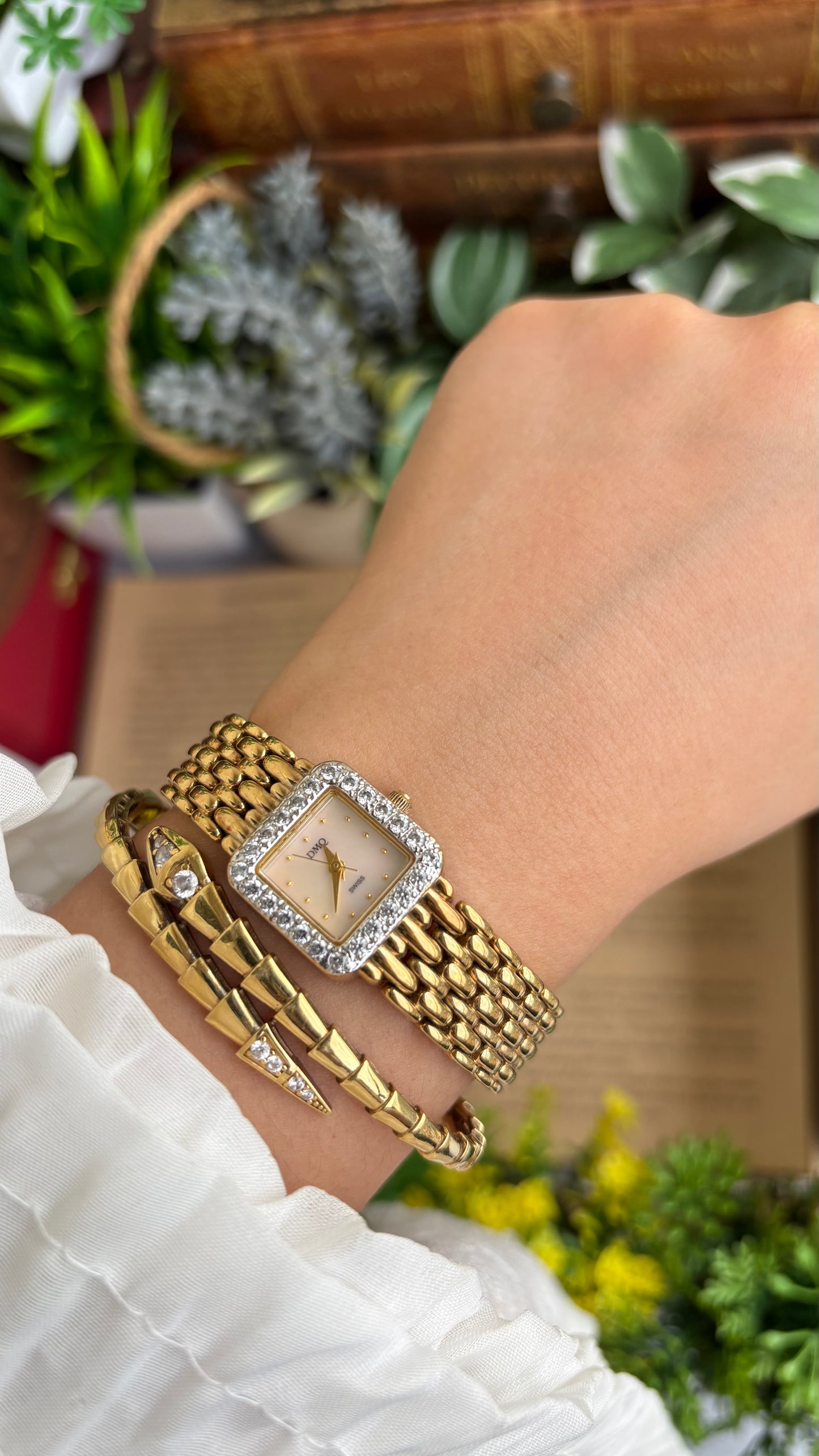 Extremely Rare Vintage DMQ Swiss Diamond Bejeweled Watch in Gold Tone Pearl Dial