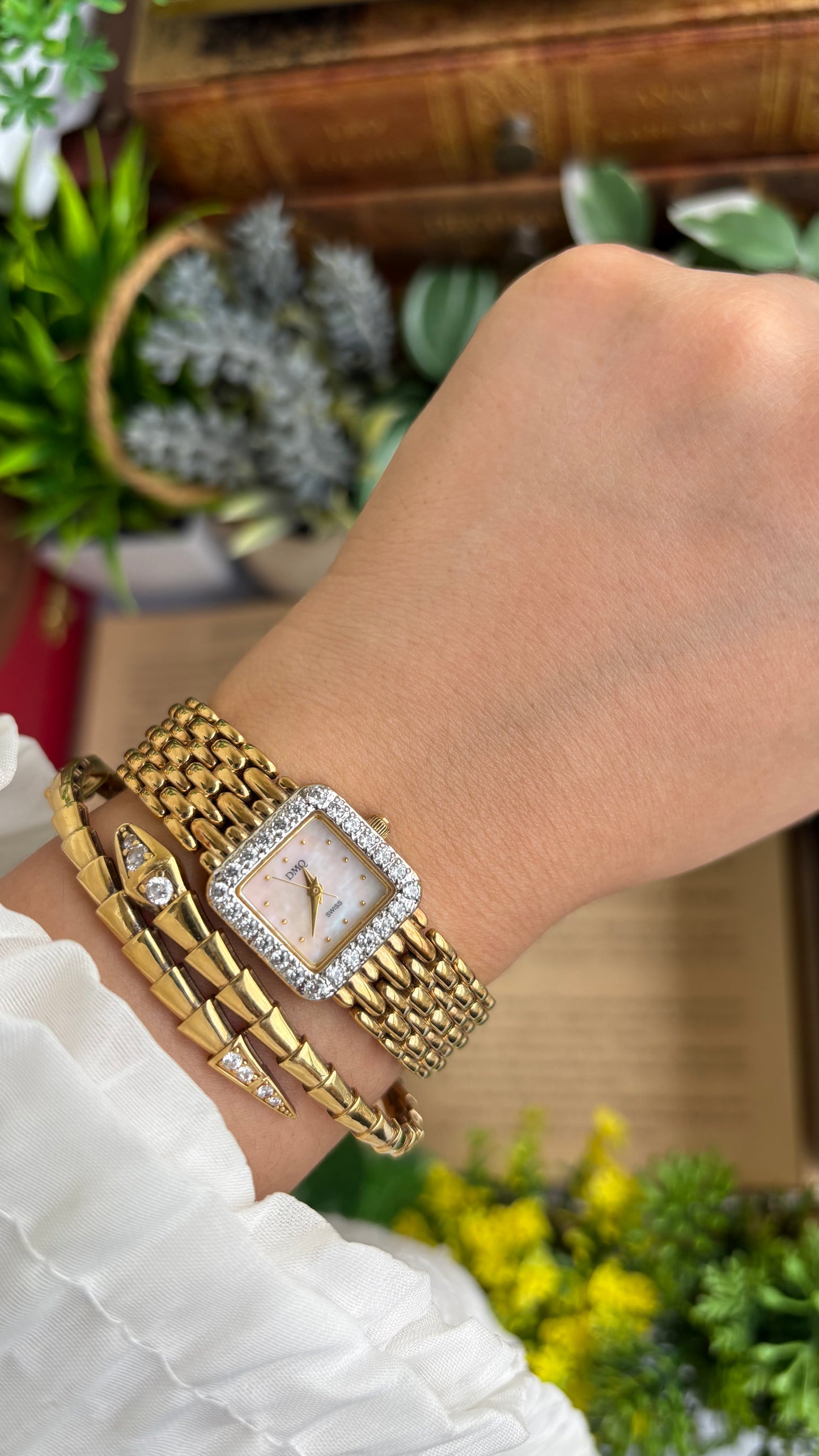 Extremely Rare Vintage DMQ Swiss Diamond Bejeweled Watch in Gold Tone Pearl Dial