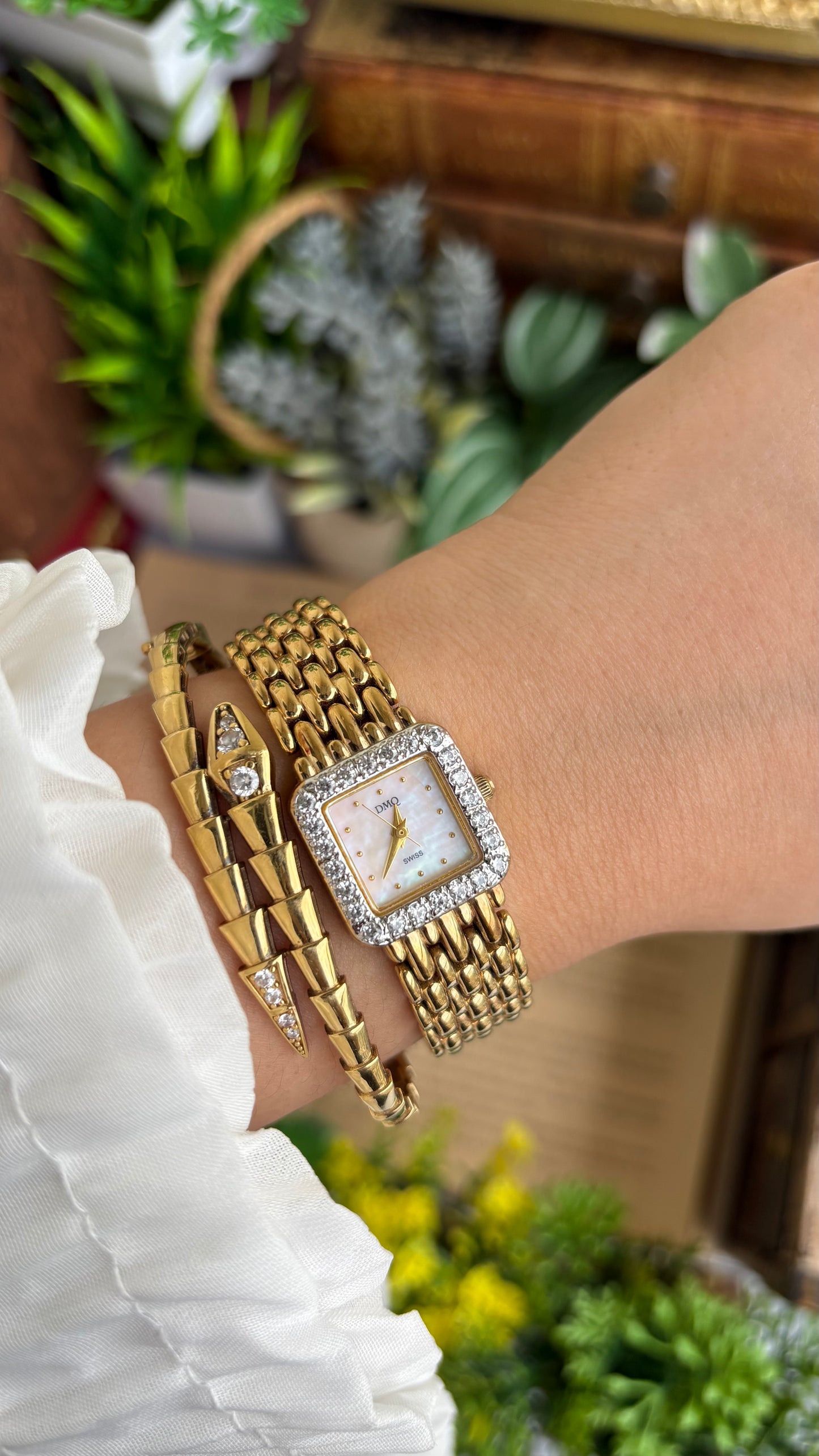 Extremely Rare Vintage DMQ Swiss Diamond Bejeweled Watch in Gold Tone Pearl Dial