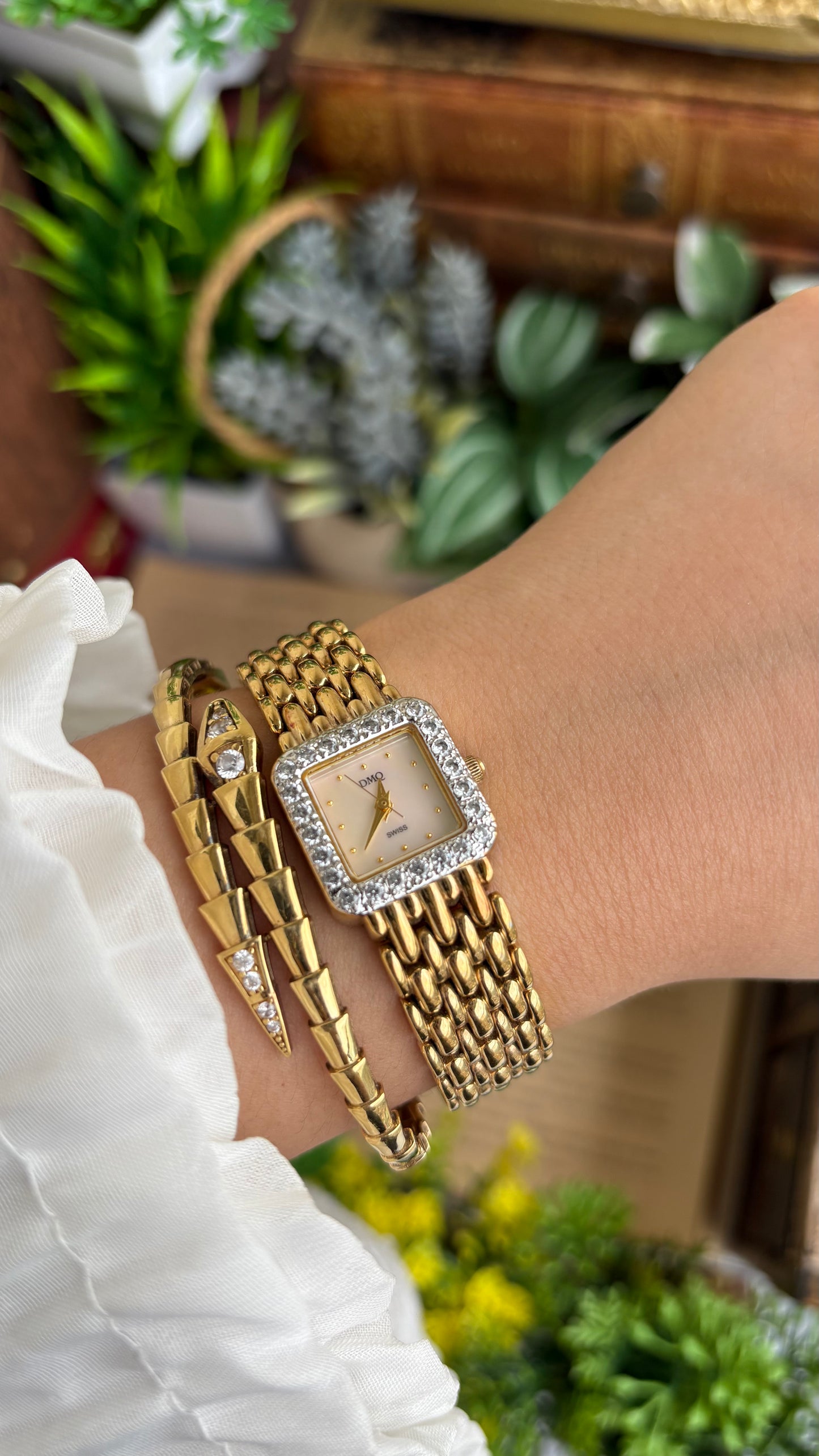 Extremely Rare Vintage DMQ Swiss Diamond Bejeweled Watch in Gold Tone Pearl Dial