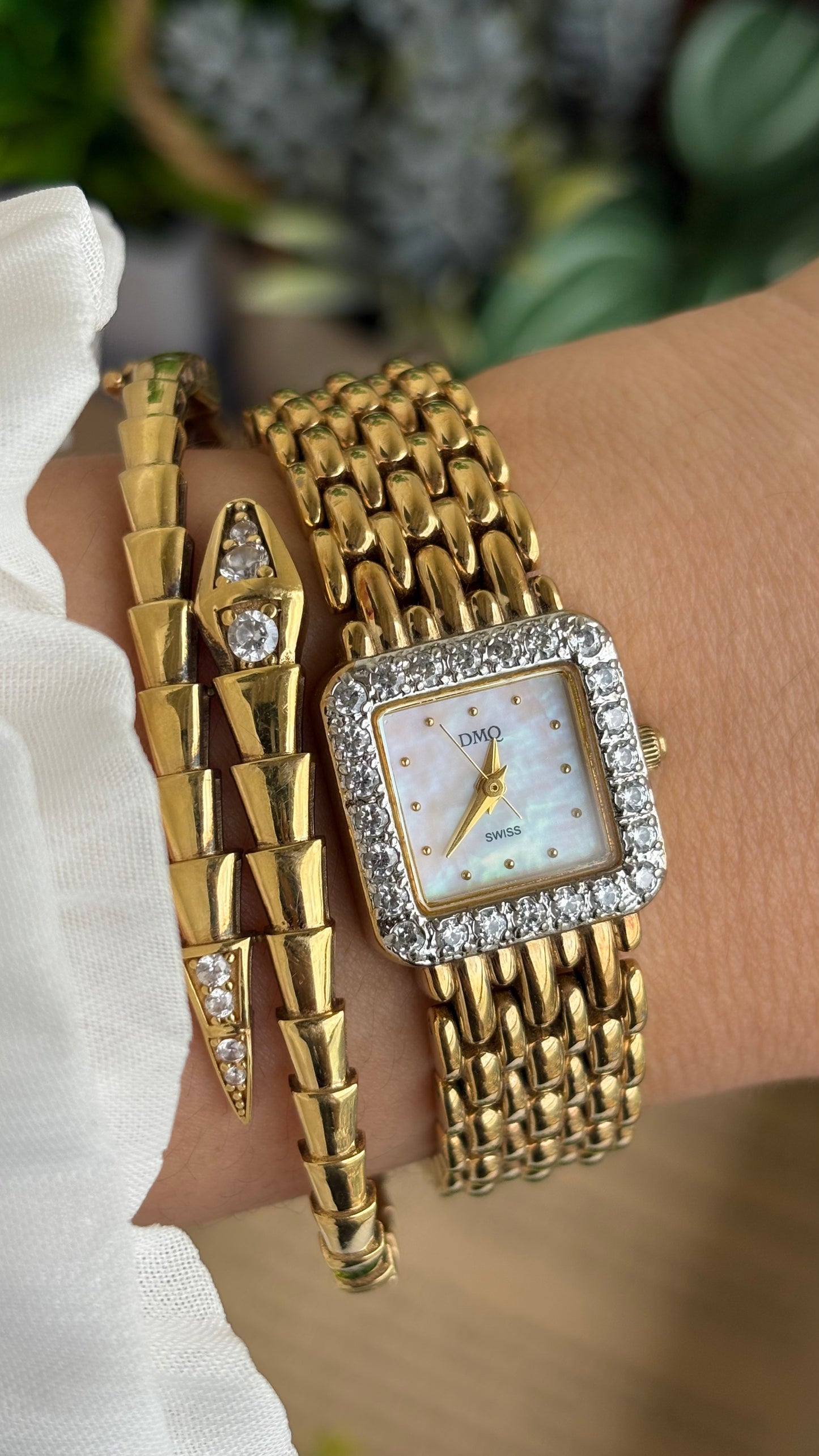 Extremely Rare Vintage DMQ Swiss Diamond Bejeweled Watch in Gold Tone Pearl Dial