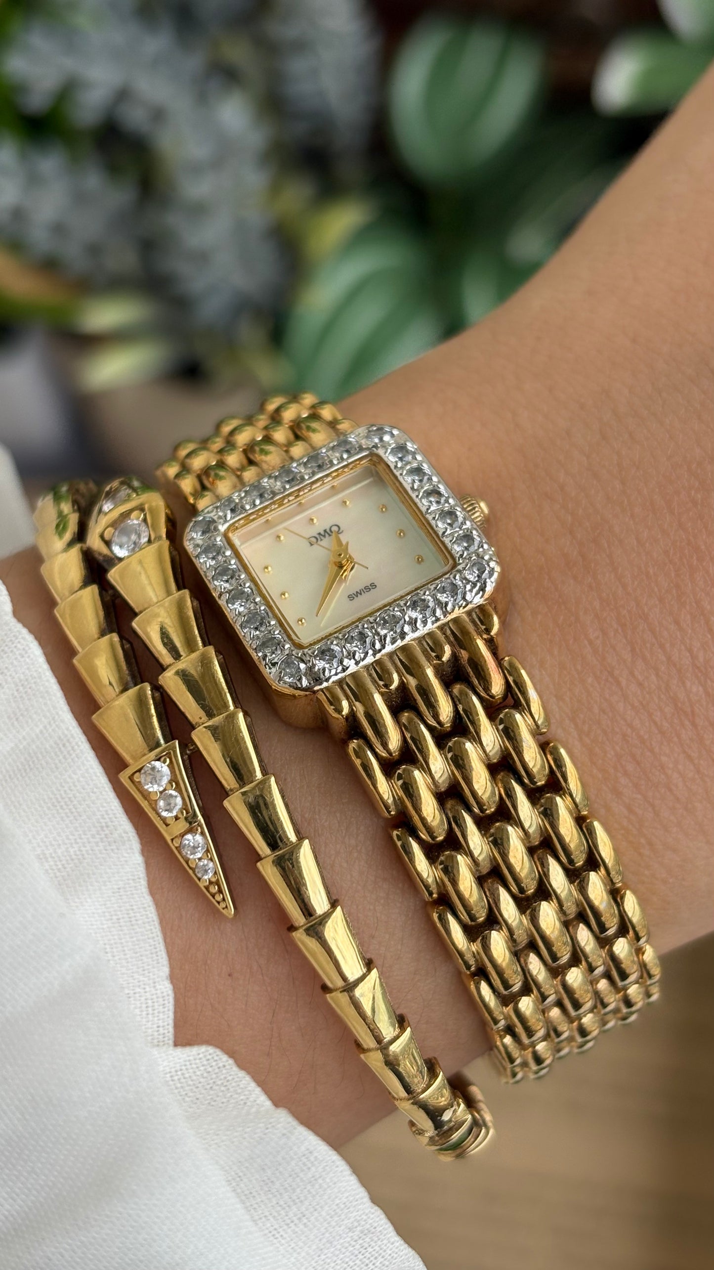 Extremely Rare Vintage DMQ Swiss Diamond Bejeweled Watch in Gold Tone Pearl Dial
