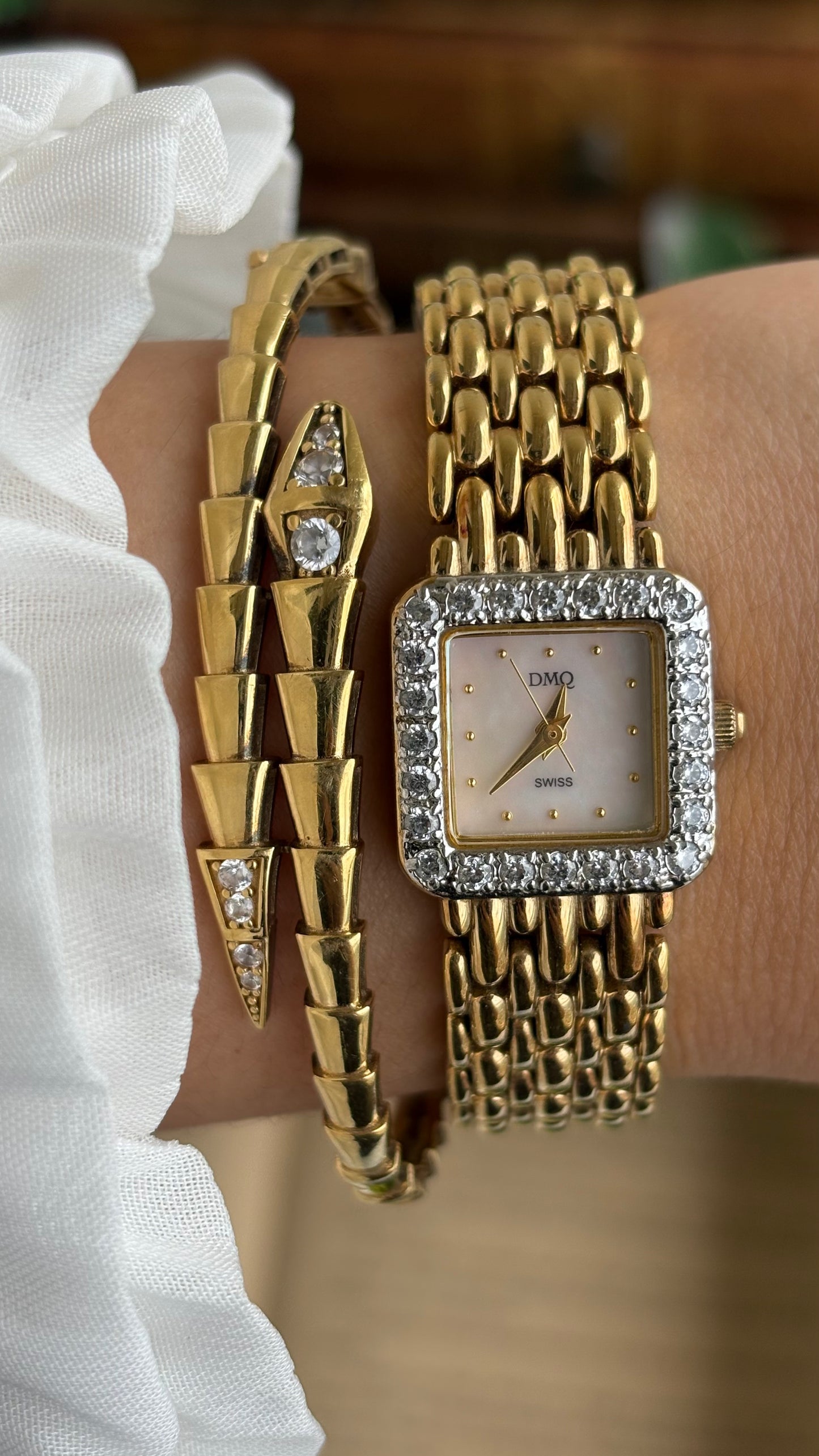 Extremely Rare Vintage DMQ Swiss Diamond Bejeweled Watch in Gold Tone Pearl Dial