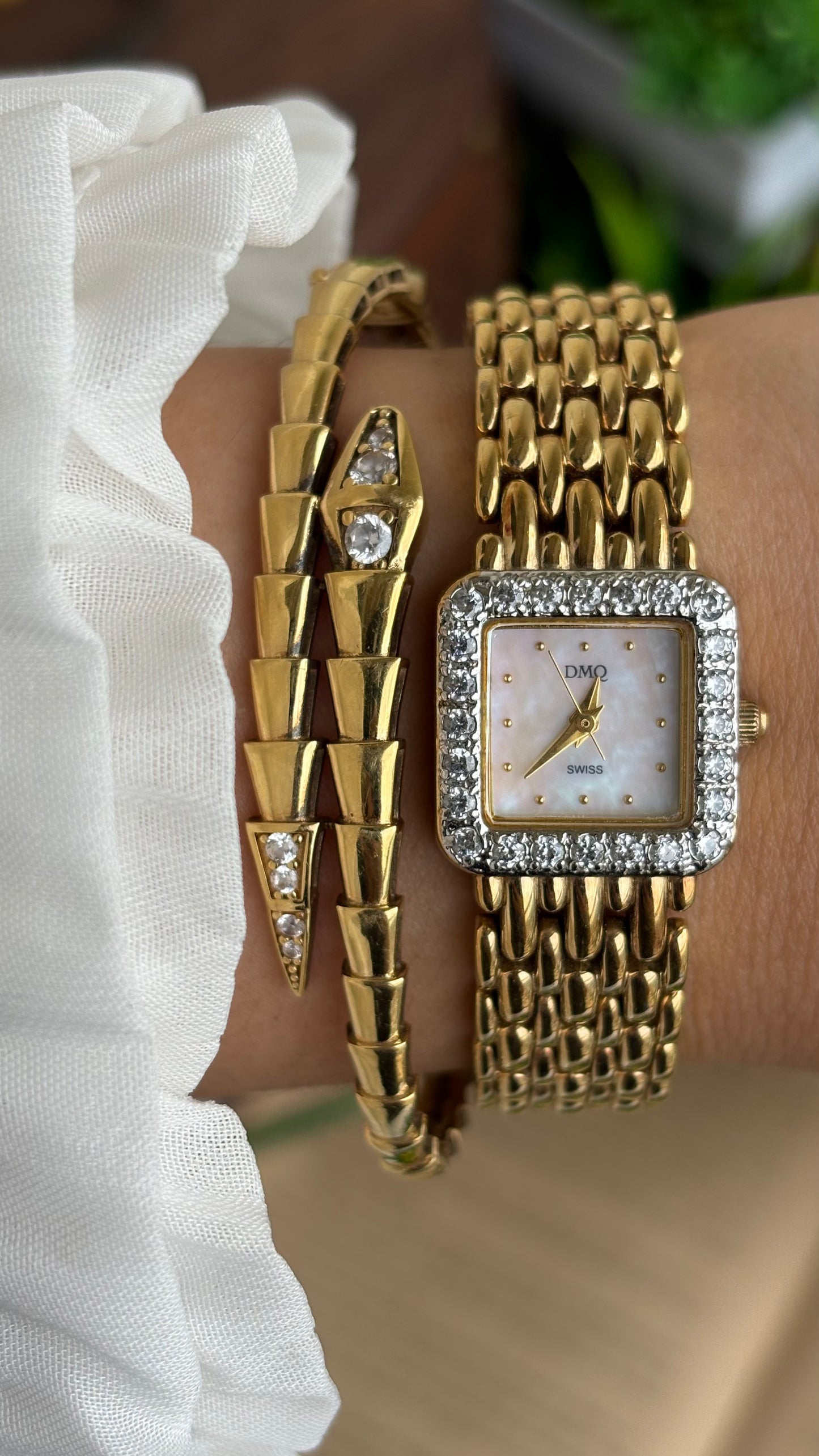 Extremely Rare Vintage DMQ Swiss Diamond Bejeweled Watch in Gold Tone Pearl Dial