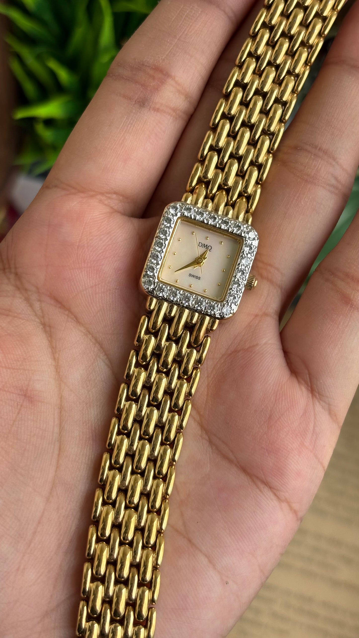 Extremely Rare Vintage DMQ Swiss Diamond Bejeweled Watch in Gold Tone Pearl Dial
