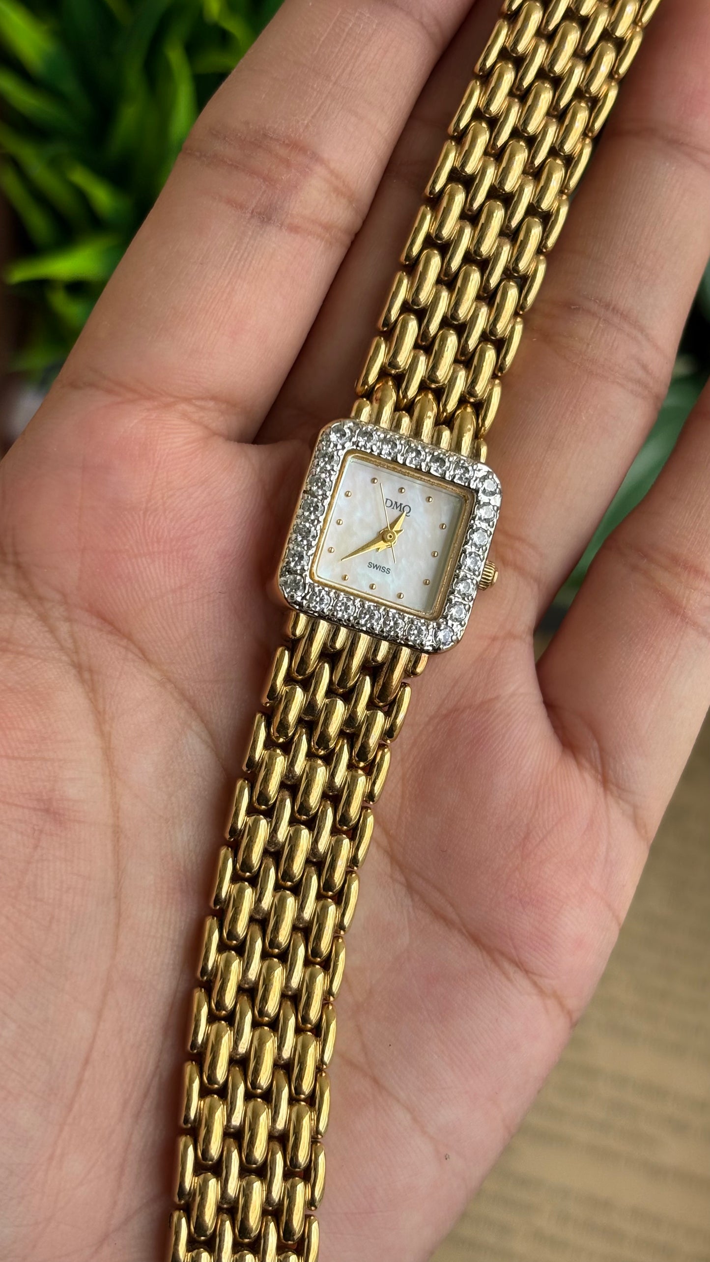Extremely Rare Vintage DMQ Swiss Diamond Bejeweled Watch in Gold Tone Pearl Dial