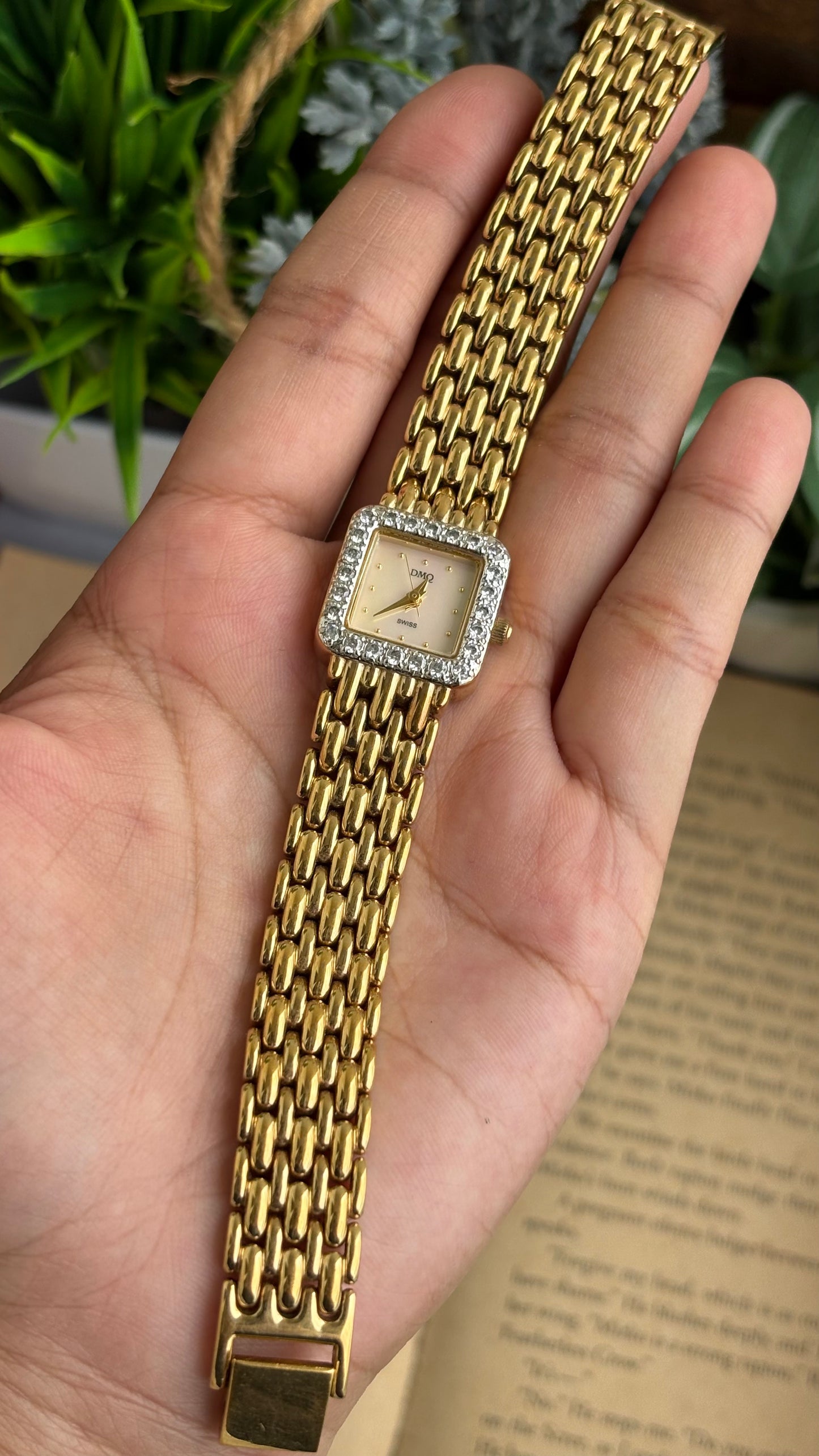 Extremely Rare Vintage DMQ Swiss Diamond Bejeweled Watch in Gold Tone Pearl Dial