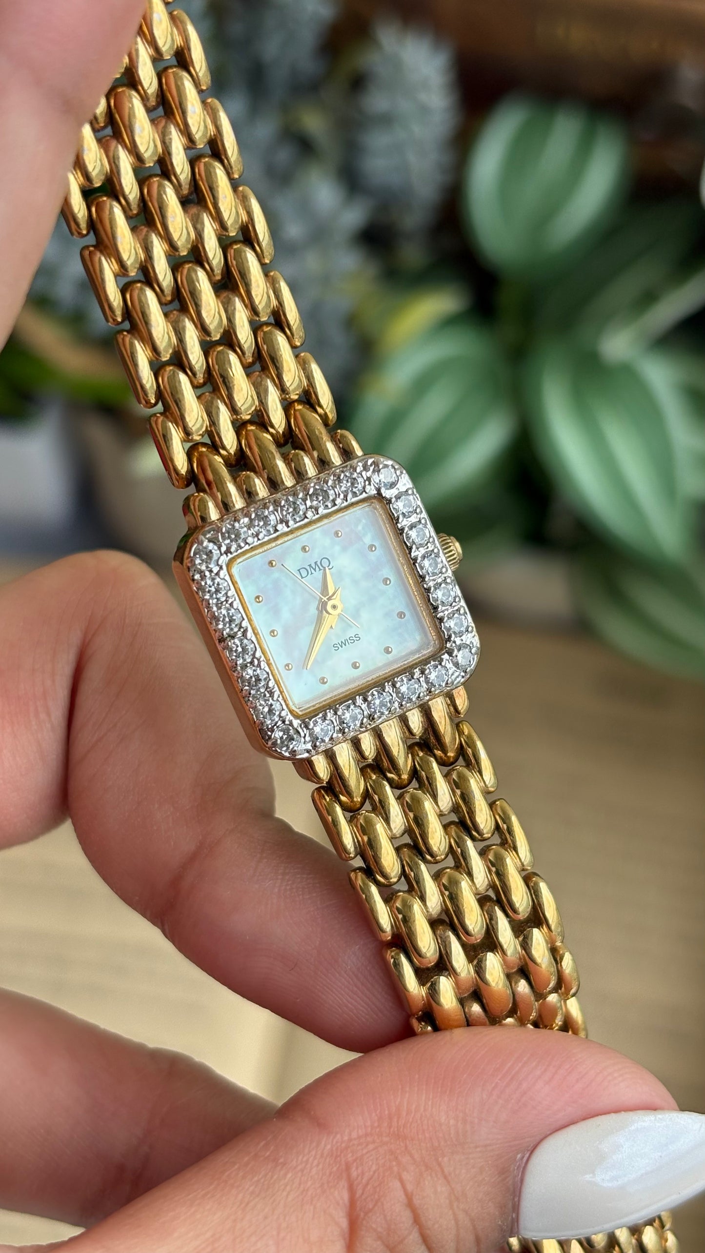 Extremely Rare Vintage DMQ Swiss Diamond Bejeweled Watch in Gold Tone Pearl Dial