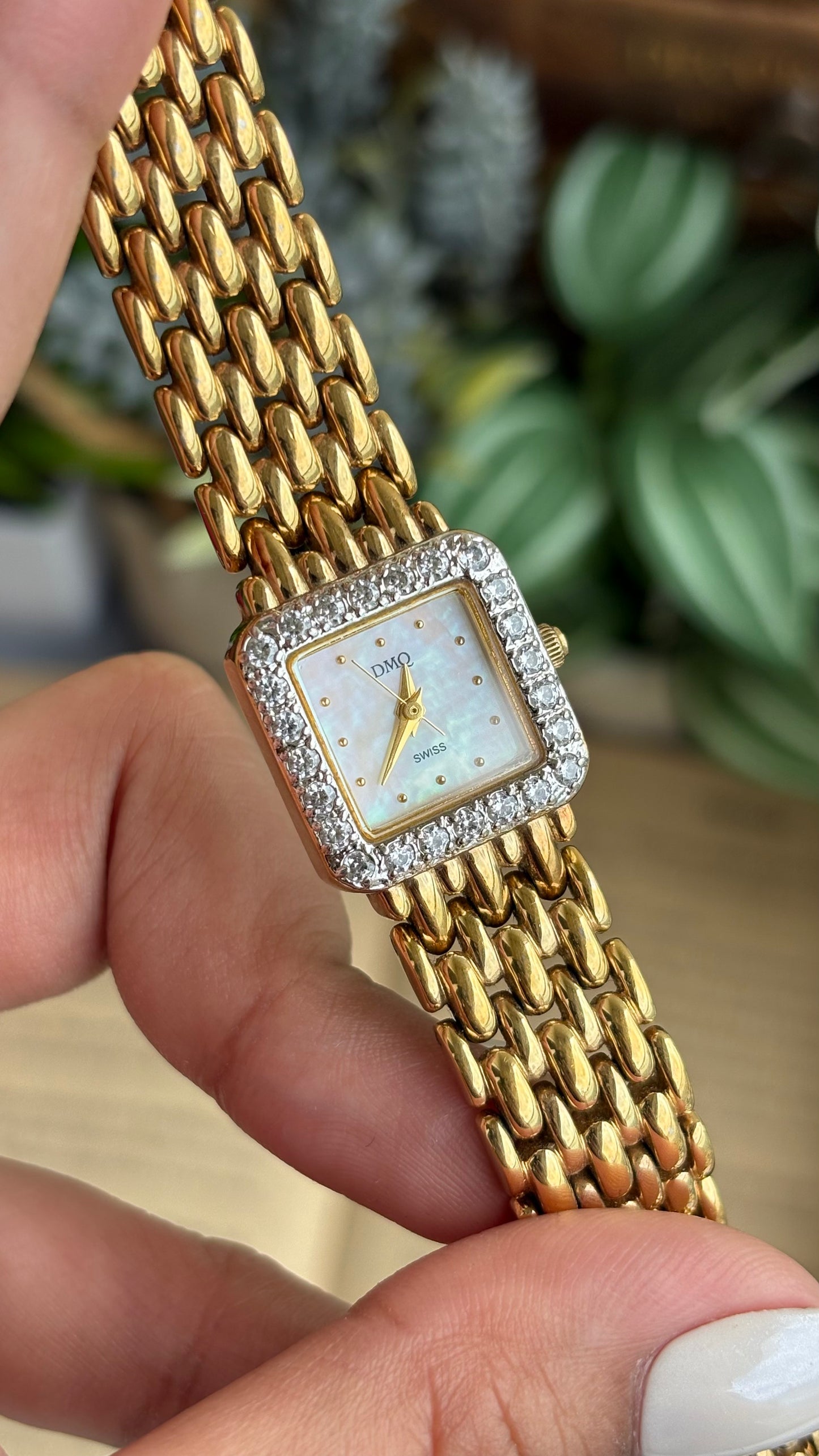 Extremely Rare Vintage DMQ Swiss Diamond Bejeweled Watch in Gold Tone Pearl Dial