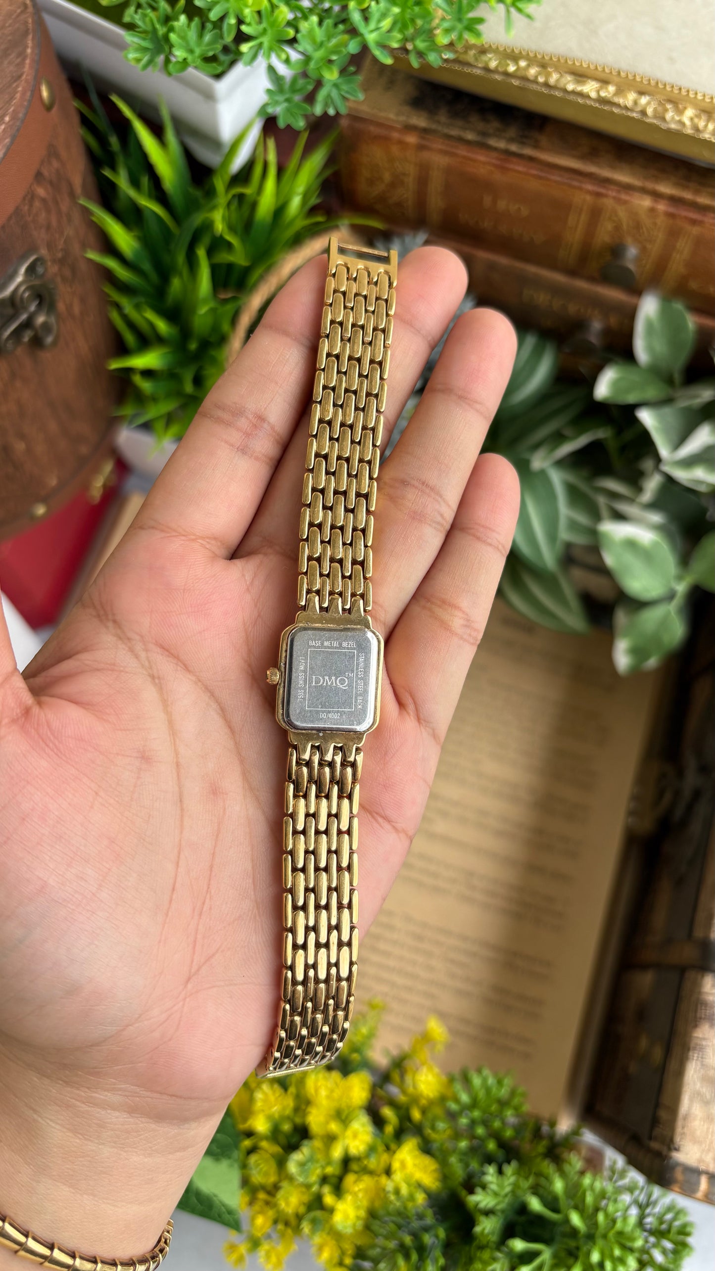 Extremely Rare Vintage DMQ Swiss Diamond Bejeweled Watch in Gold Tone Pearl Dial