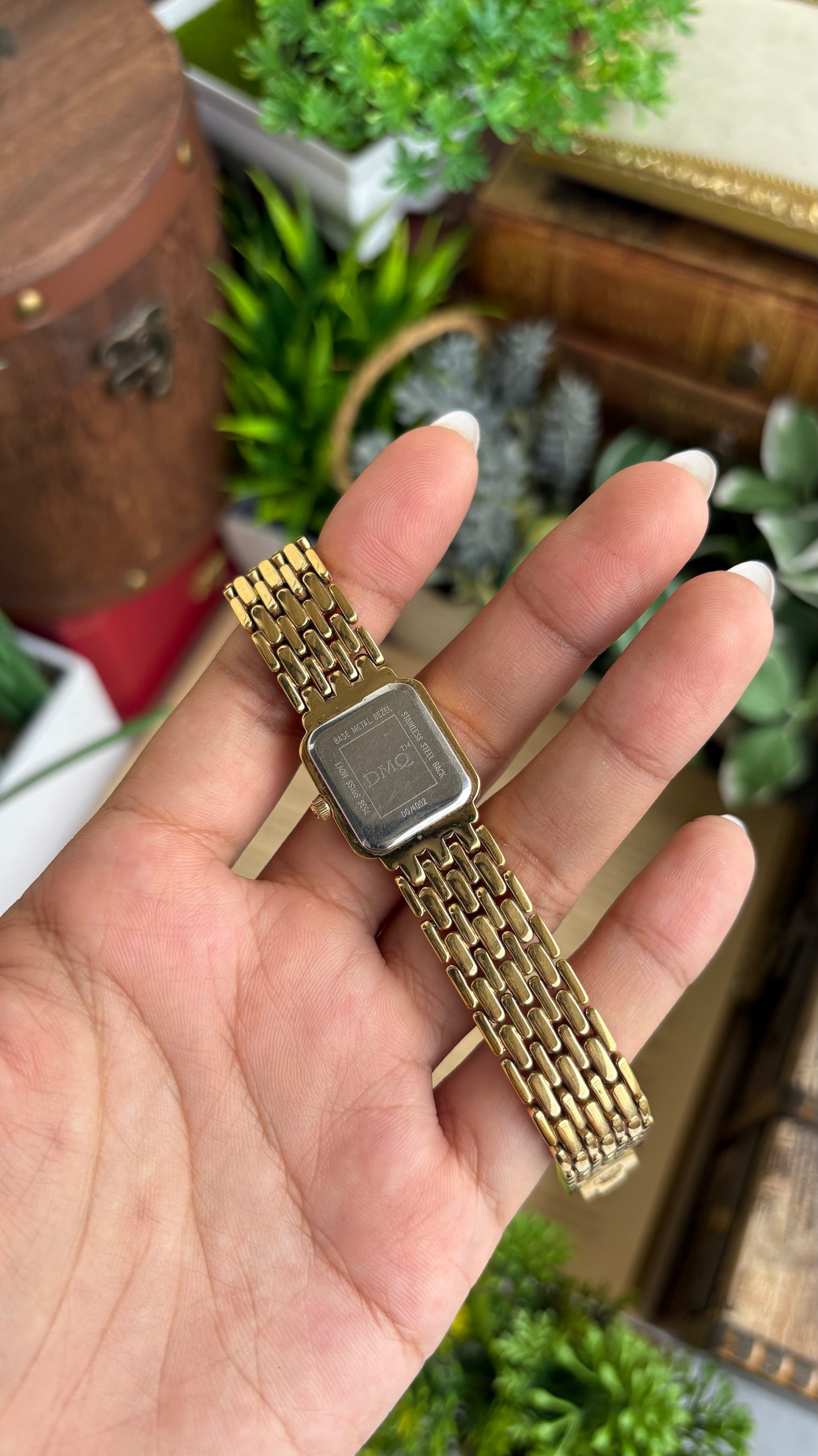Extremely Rare Vintage DMQ Swiss Diamond Bejeweled Watch in Gold Tone Pearl Dial