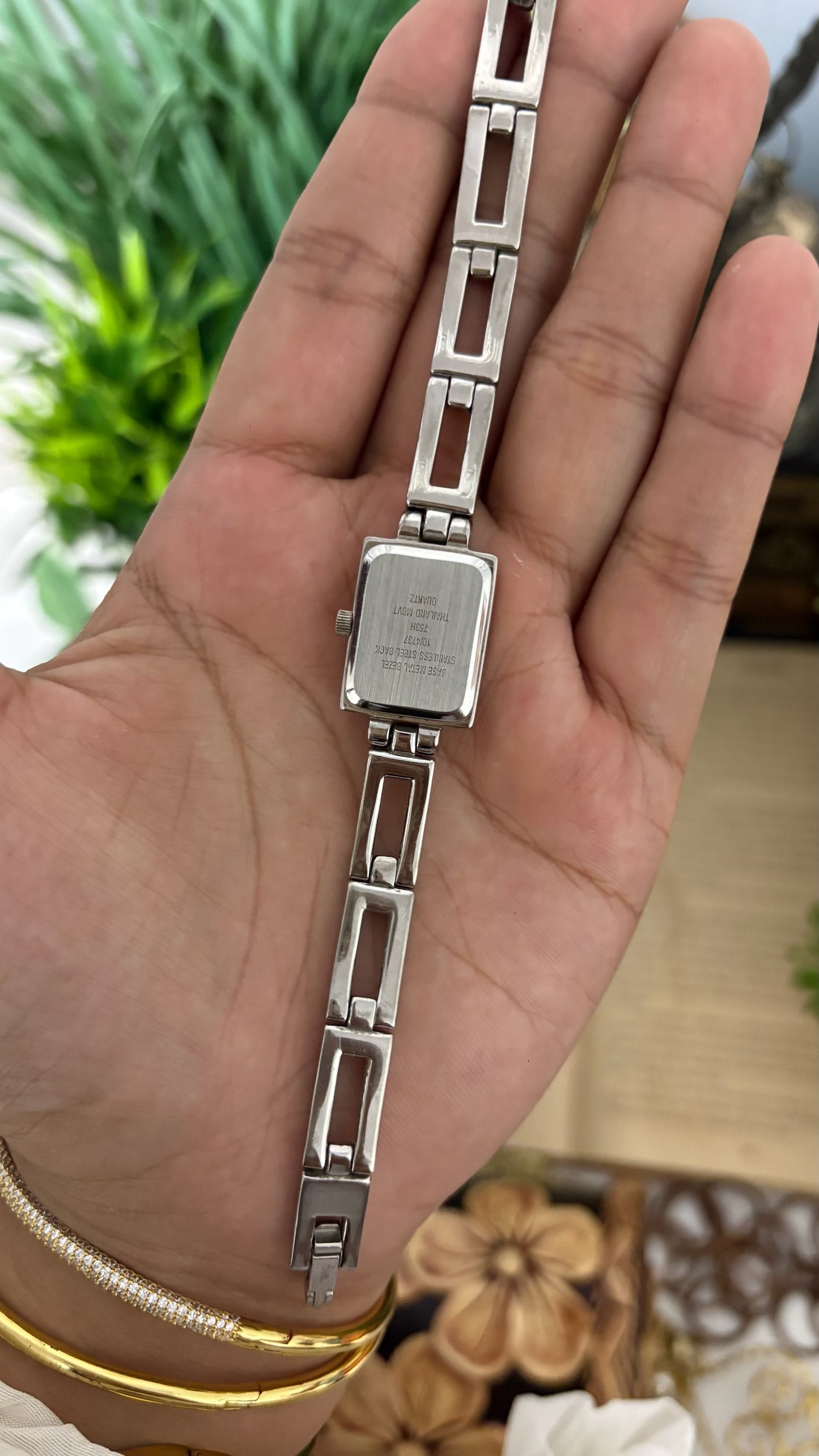 Vintage Anne Klein Rectangular Tank Watch with Roman Numerals and Open-Link Bracelet in Silver Tone White Dial Quartz