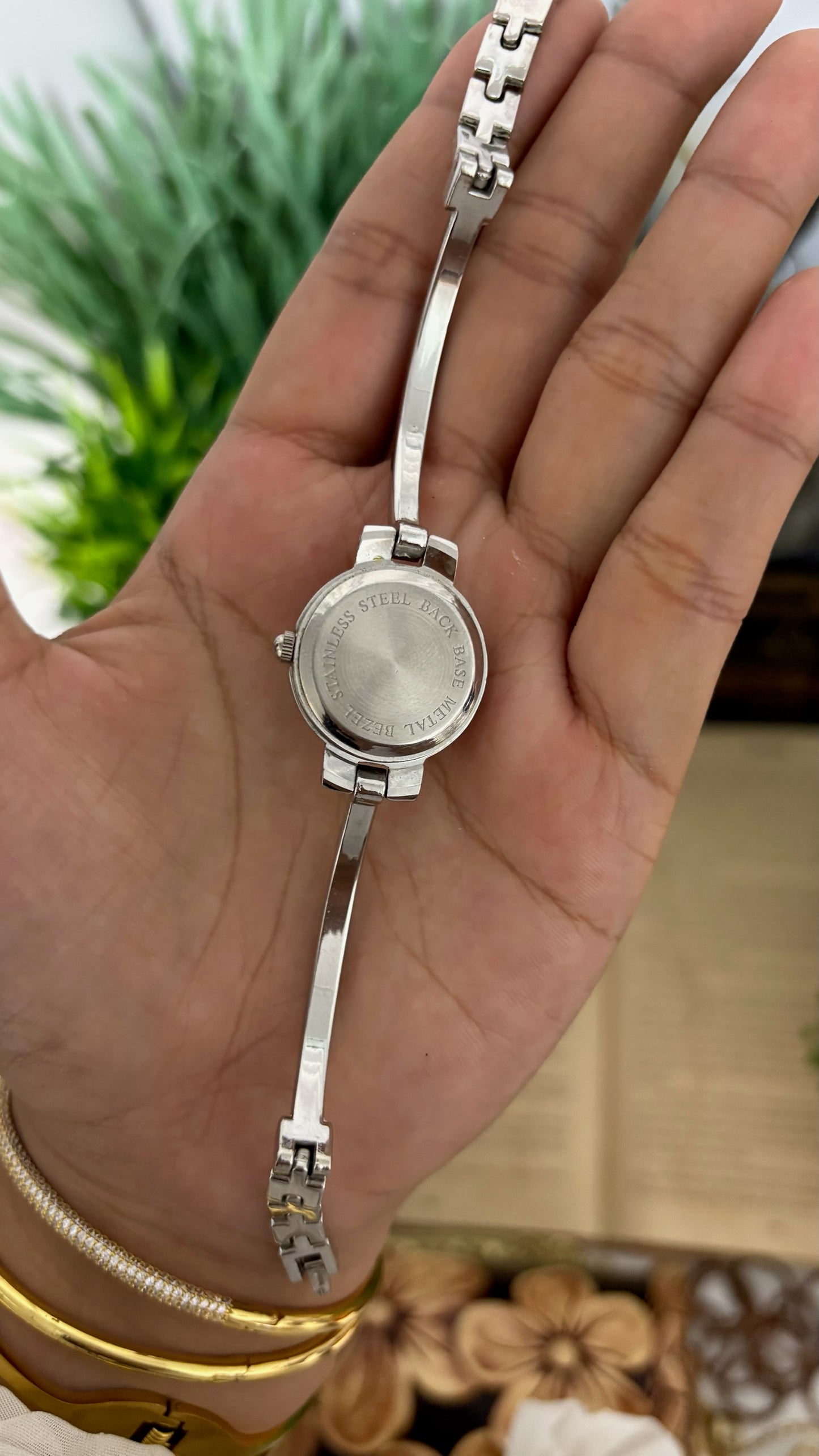 Vintage Round Crystal Halo Bezel Bangle Watch with Rhinestone Accents in Silver Tone White Mother of Pearl Dial Quartz