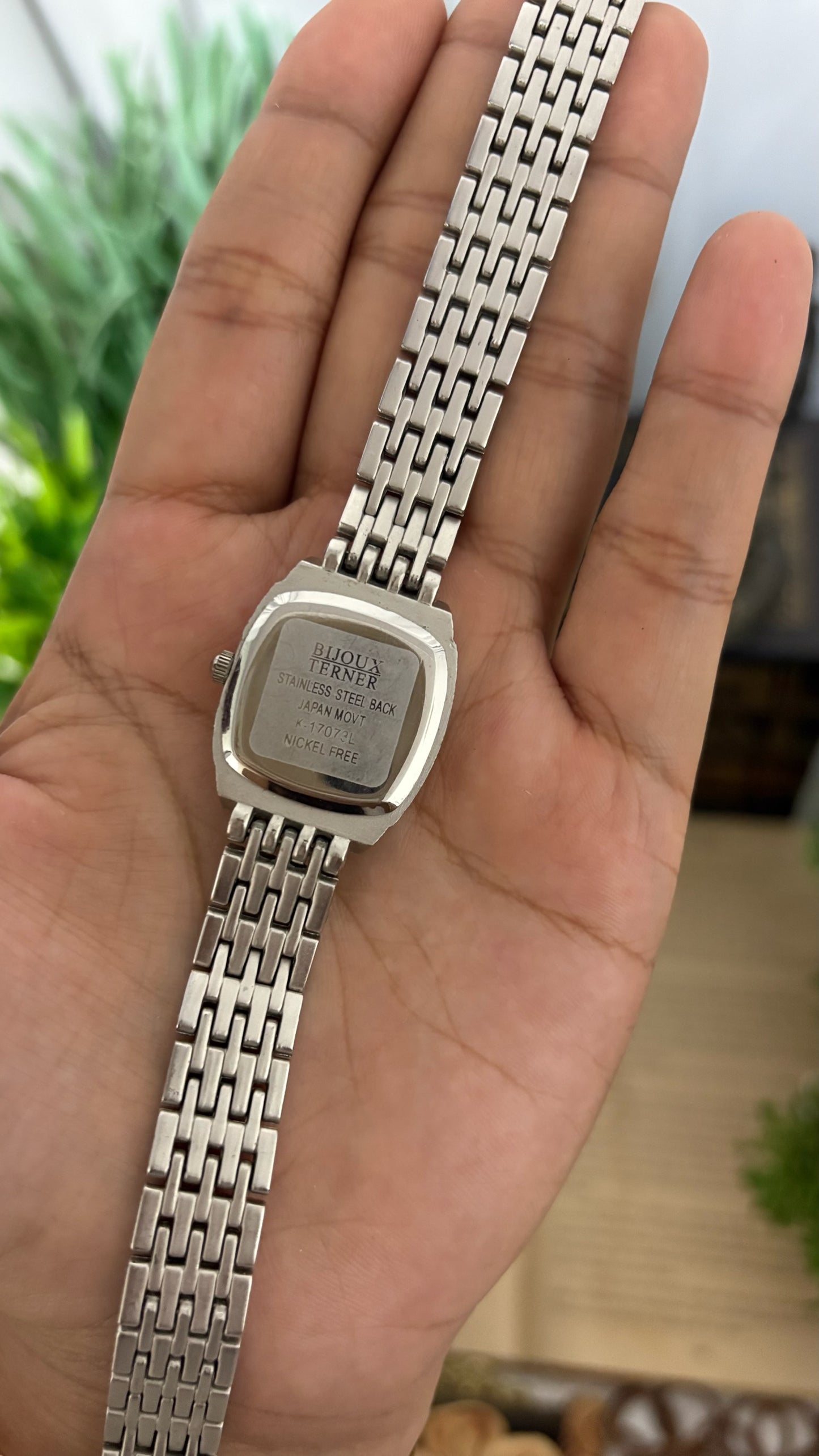 Vintage Bijoux Terner Cushion Case Watch with Multi-Link Bracelet in Silver Tone Black Dial Quartz