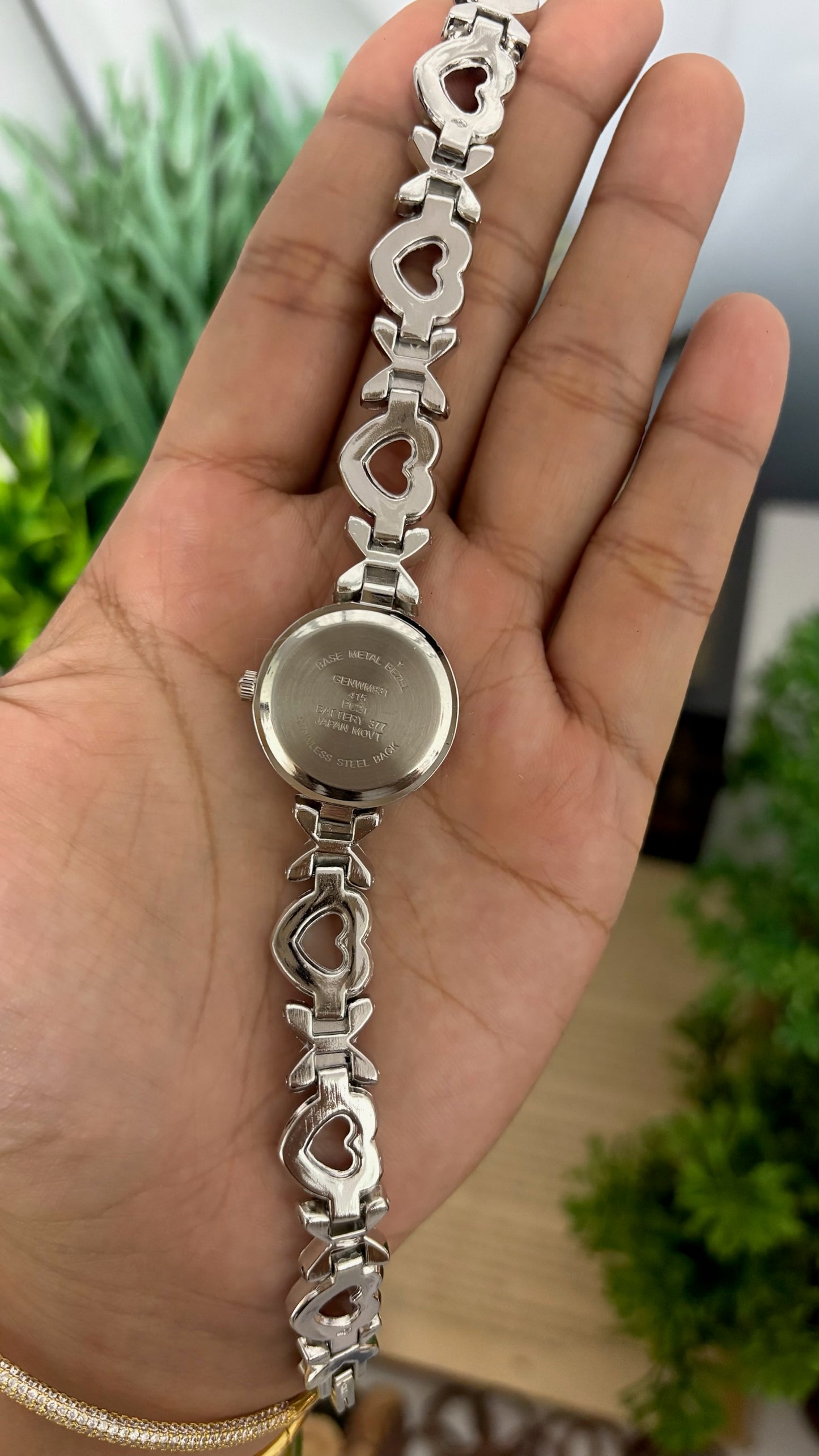 Vintage Japan Quartz Hugs and Kisses XOXO Bracelet Watch with Rhinestone Heart Links in Silver Tone White Dial Quartz